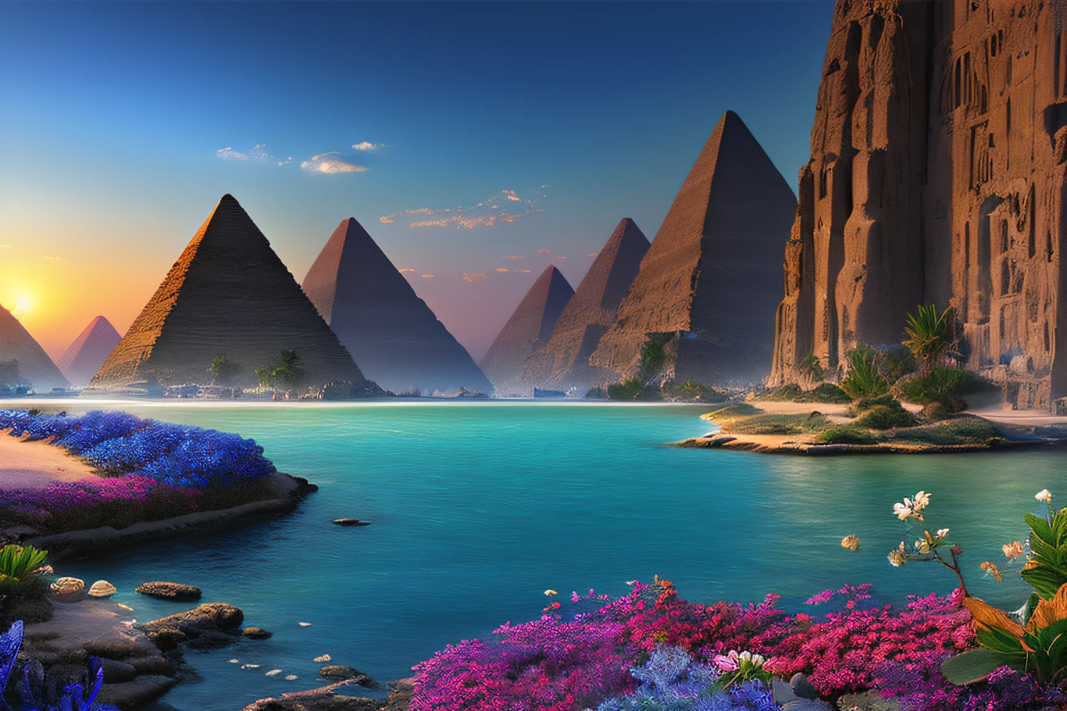 Landscape inside the earth,egypte, mer cristalline bleu cobalt,fleurs, Eau cristalline, coucher du soleil, ,(Highly detailed CG Unit 8k wallpaper), The most beautiful work of art in the world, Professional majestic oil painting, complexe, High detail, mise au point nette, dramatique, Art of photorealist painting,