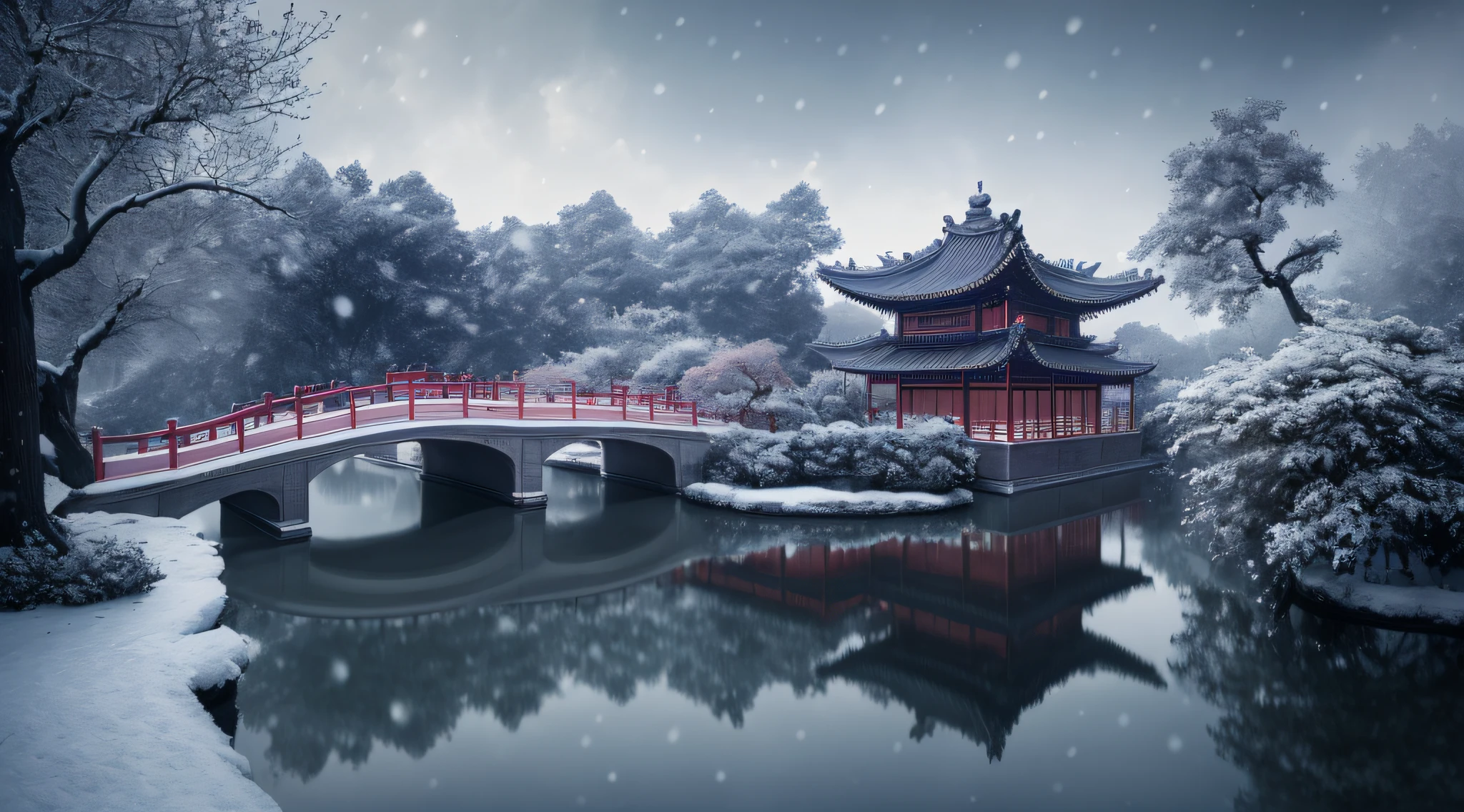 Masterpiece, best quality, high quality, extremely detailed CG unity 8k wallpaper, classical Chinese garden, landscape, amsterdam, winter, ((snowing)), outdoor, sky, daytime, landscape, water, tree, blue sky, waterfall , nature, lake, river, cloudy sky, award winning photography, bokeh, depth of field, HDR, bloom, chromatic aberration, photorealism, very detailed, trending on artstation, trending on CGsociety, intricate, high detail, dramatic, midjourney art