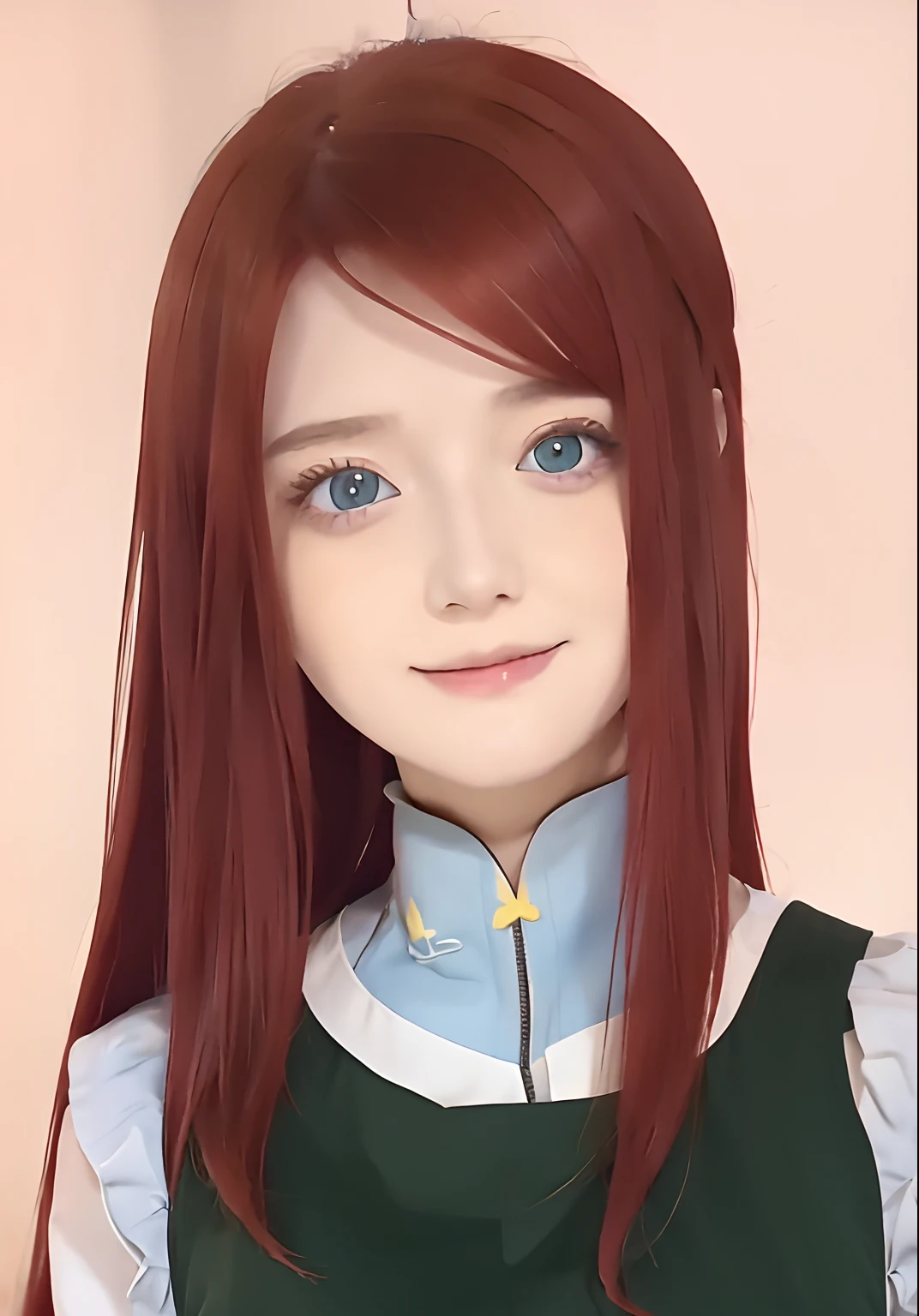 1girl, Kushina, long red hair, yellow hairpin, ultra detailed bright blue eyes, beautiful body, white dress, green apron, realistic, ultra detailed,
