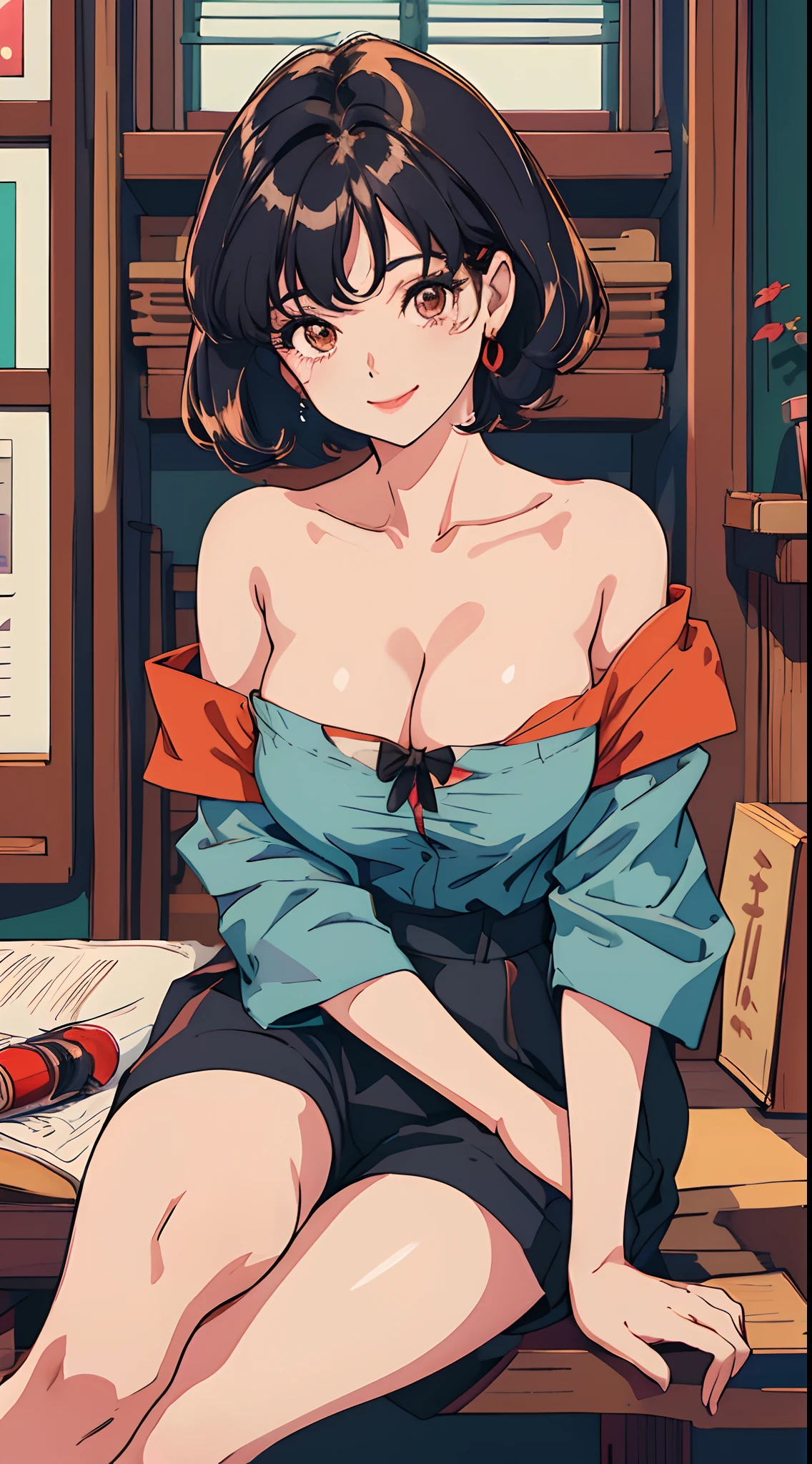 (Best quality, Masterpiece, A high resolution),1girll，nakeness，naked leg，underdressing，比基尼,Close-up shot，Super large breasts，Off-the-shoulder attire，cleavage，Solo,Short hair,Wavy hair,Smile,