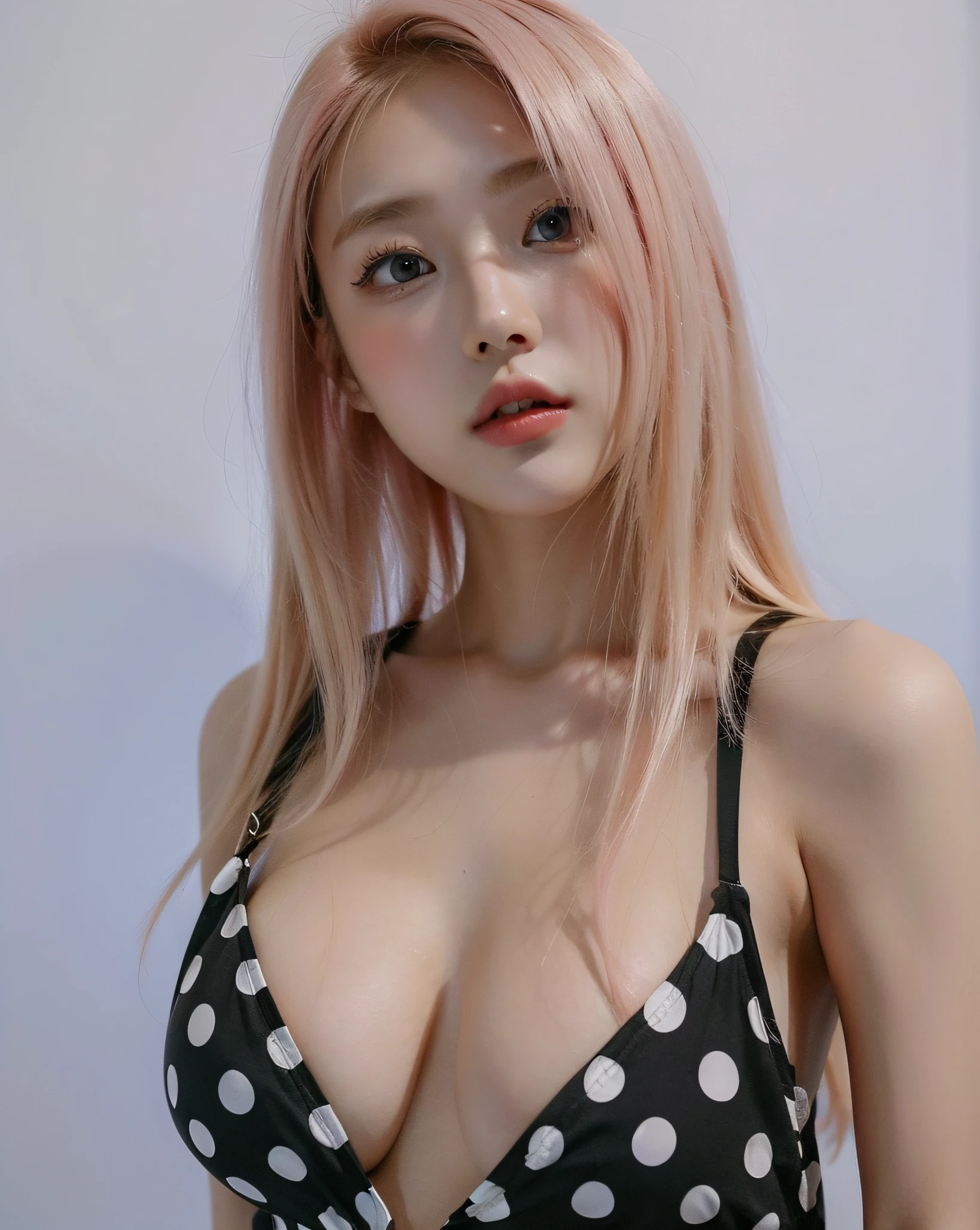 Blonde woman posing for photo with pink hair and polka dot top, 2 4 year old female model, Korean girl, Choi Hyun-hwa, Sexy look, 2 2 years old, 18 years old, sexy look at the camera, 21 years old, jaeyeon nam, Gorgeous young Korean woman, xintong chen, 19-year-old girl