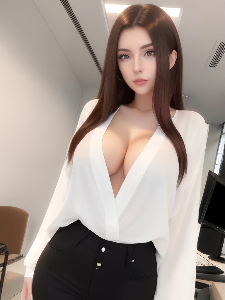 1girl, Luisa: (23y female, european, beautiful, brunette, long messy hair, full body), Face: (brown eyes, detailed eyes, detailed face), Body: (big pointy boobs, slim and sporty body, long legs, round glutes), Facial impression: (neutral), Pose: (standing, frontal), Outfit: (casual clothes, black jeans, white wide loose blouse), Scene: (lawyers office), Quality: (masterpiece, top quality, 4k).