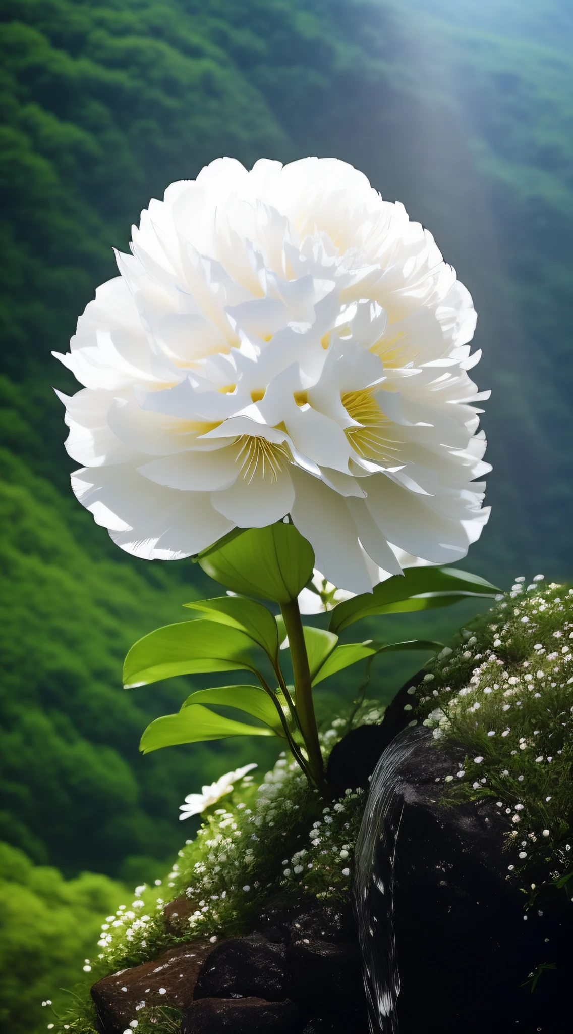 There is a white flower growing out of the rock, flor branca, beautiful  flowers, Beautiful large flowers, White petals, Peony flower, huge flower, very beautiful photograph of, Beautiful nature, large flower head, Giant white daisy flowers as the head, Really beautiful nature, Giant carnation flower head, giant carnation flower as a head, giant flower head, depicting a flower