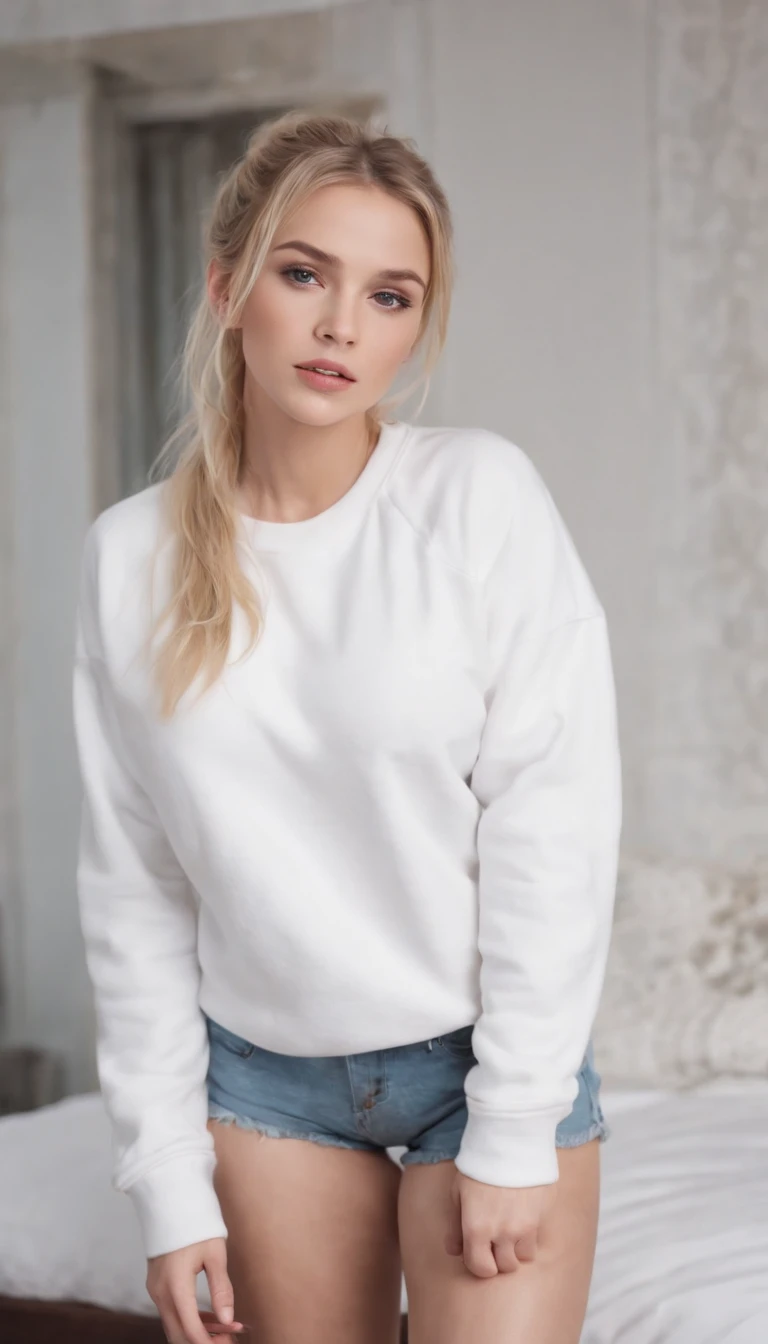Blonde girl standing on bed,pony tails,, Wear a white sweatshirt,Denim super shorts,cleavage