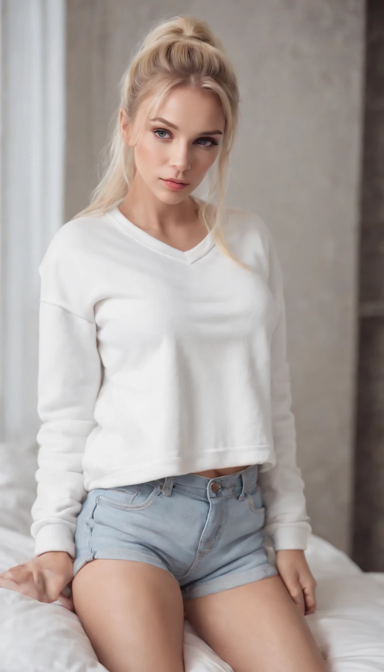 Blonde girl standing on bed,pony tails,, Wear a white sweatshirt,Denim super shorts,cleavage