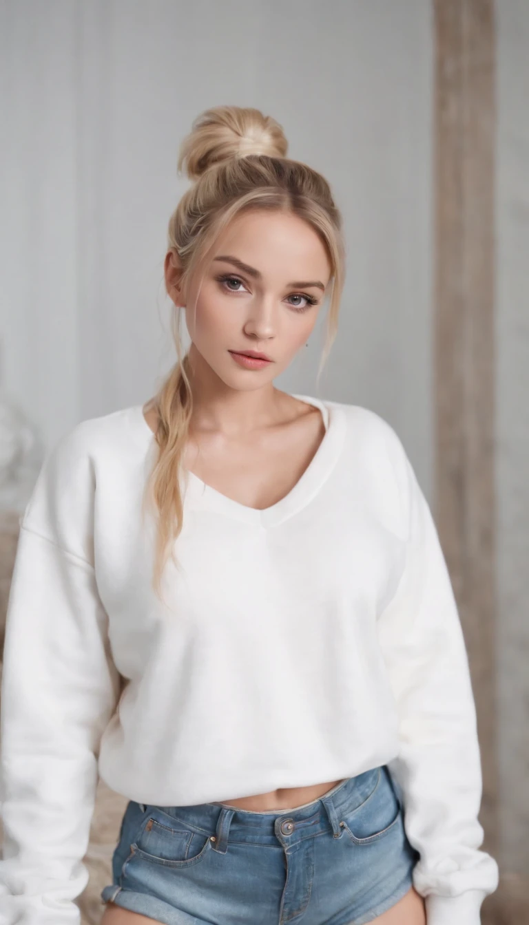 Blonde girl standing on bed,pony tails,, Wear a white sweatshirt,Denim super shorts,cleavage