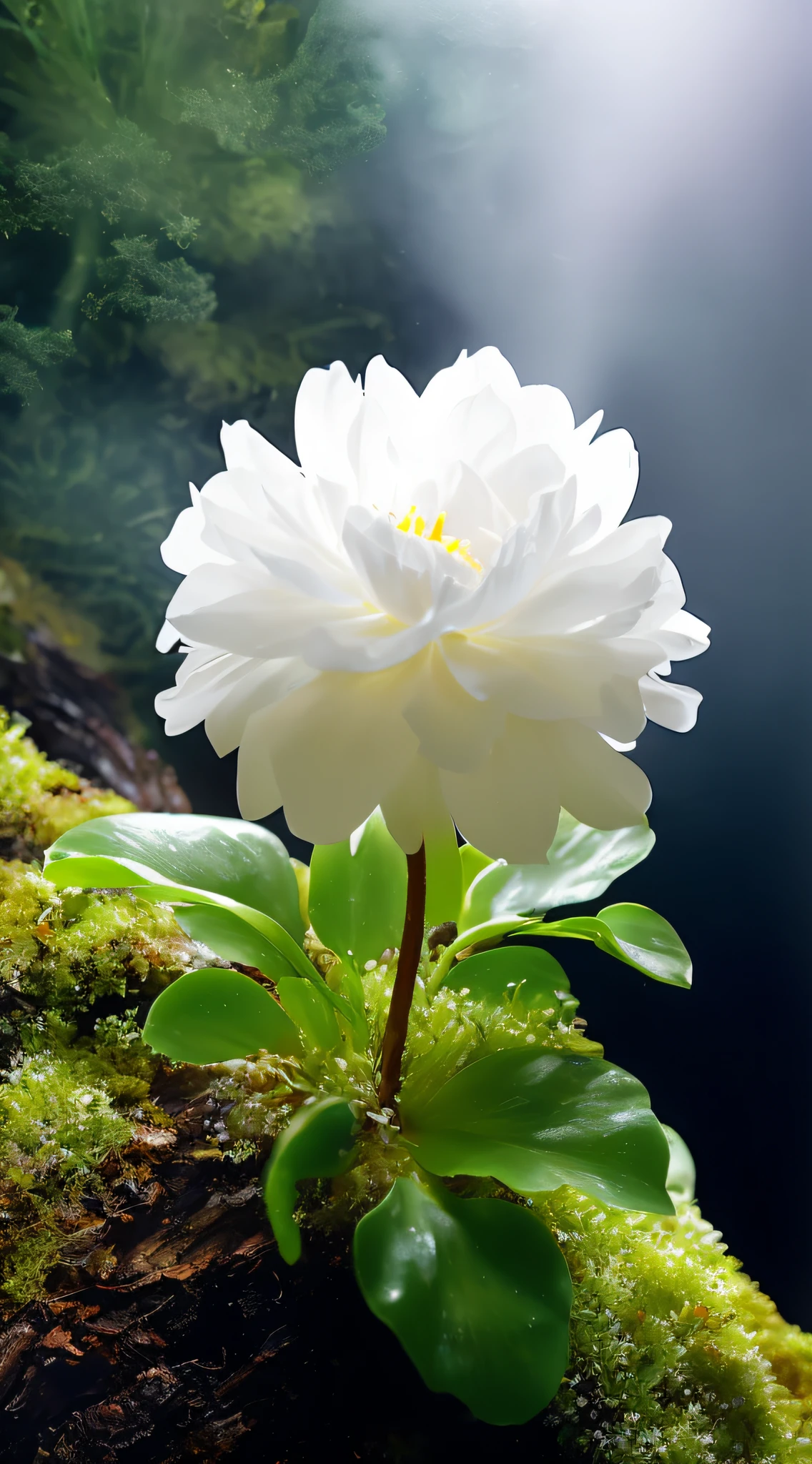 There is a white flower growing out of a mossy log, flor branca, beautiful flowers, White petals, stella alpina flower, soft white glow, depicting a flower, glowing delicate flower, light bloom, Peony flower, mystical purity, paul barson, beautifully lit, reflecting flower, albino dwarf, Giant white daisy flowers as the head, staggering in its beauty