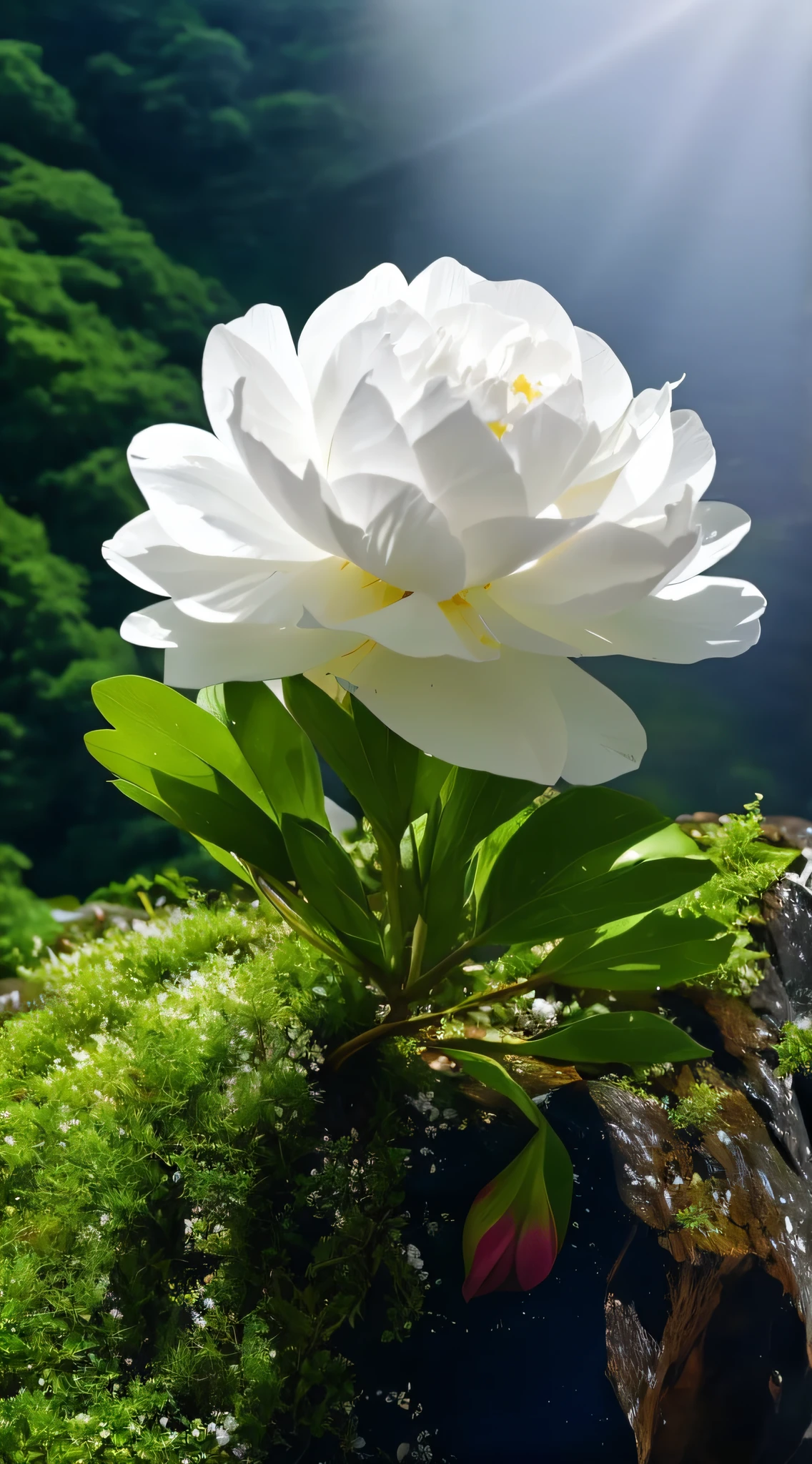 There is a white flower growing out of the rock, flor branca, beautiful  flowers, Beautiful nature, very beautiful photograph of, Really beautiful nature, Peony flower, stunning nature in background, Incredibly beautiful, White petals, reflecting flower, nature and floral aesthetics, stella alpina flower, soft white glow, beautiful flowers growing, depicting a flower, Nature wallpaper