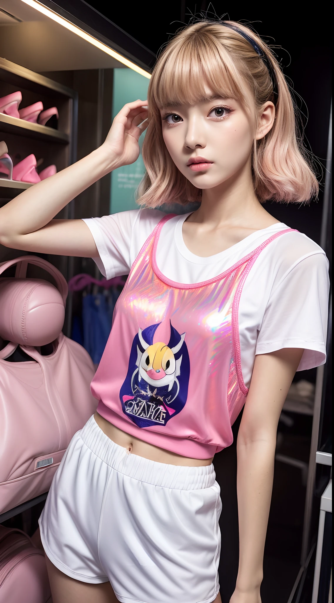 ((Masterpiece)), best quality, absurderes, ultra detailed, holographic, cowboy shot, golden ratio, super cute girl, 90s, mature girl, idol girl, super beautiful asian girl with very beautiful violet glowing eyes, beautiful glowing blonde short multicolored hair, nice and sexy body, slim body, perfect body, wearing a anime printed leotard, a super aesthetic, beautiful hair ornament, pink jordan tennis, being photographed in a mall shop, brown luminous eyes, wearing a white anime shirt, black shorts, and pink crocs, midshot, standing