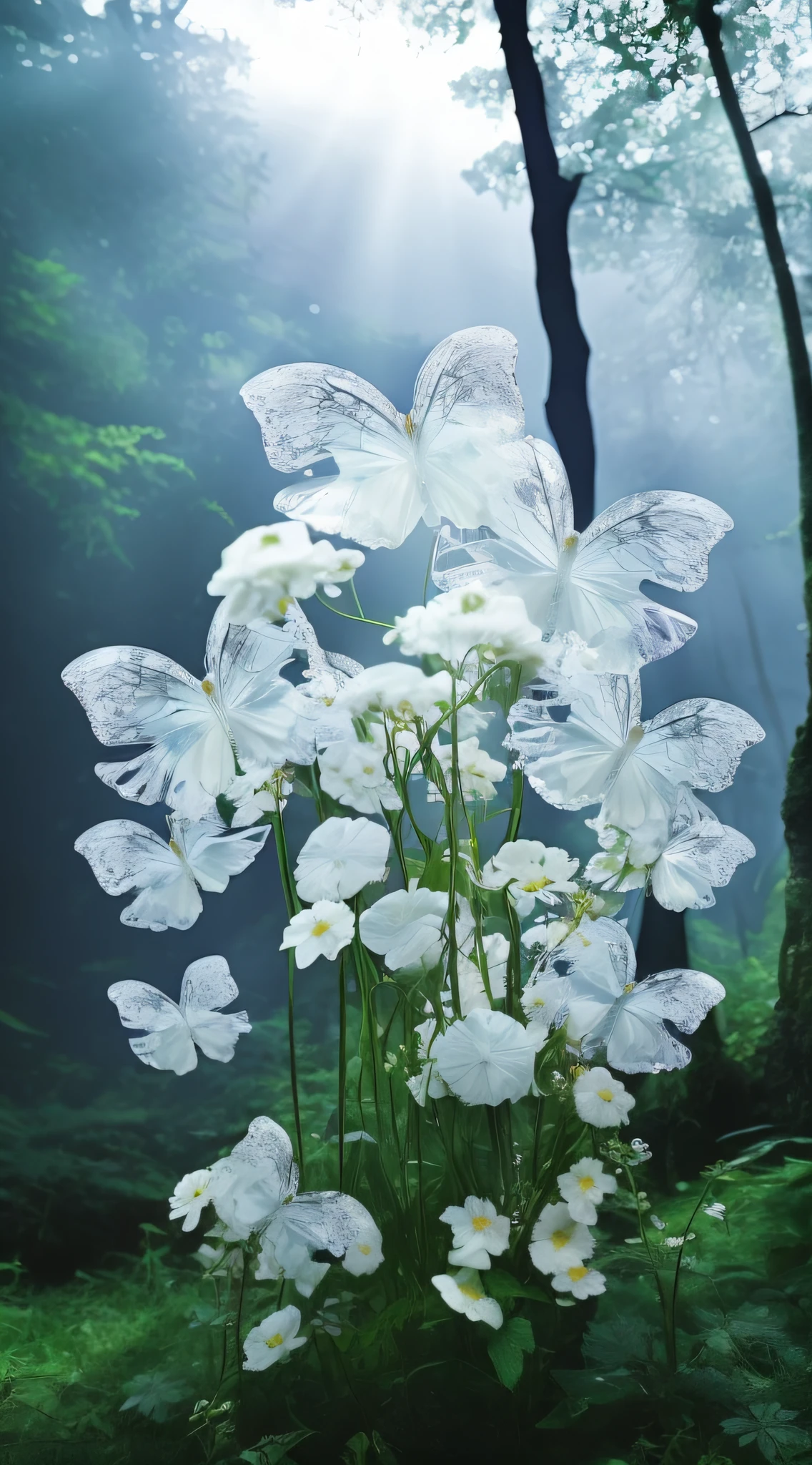There is a white flower in the middle of the forest, extremely beautiful and ethereal, Incredibly ethereal, Magical flowers, Ethereal beauty, flowers and butterflies, Very ethereal, beautiful fairie, white gossamer wings, Really beautiful nature, White flowers, Ethereal!!! Ultra photo realsisim, Glowing butterflies, in white clouds fairyland, very beautiful photograph of, fantasy beautiful, harmony of butterfly