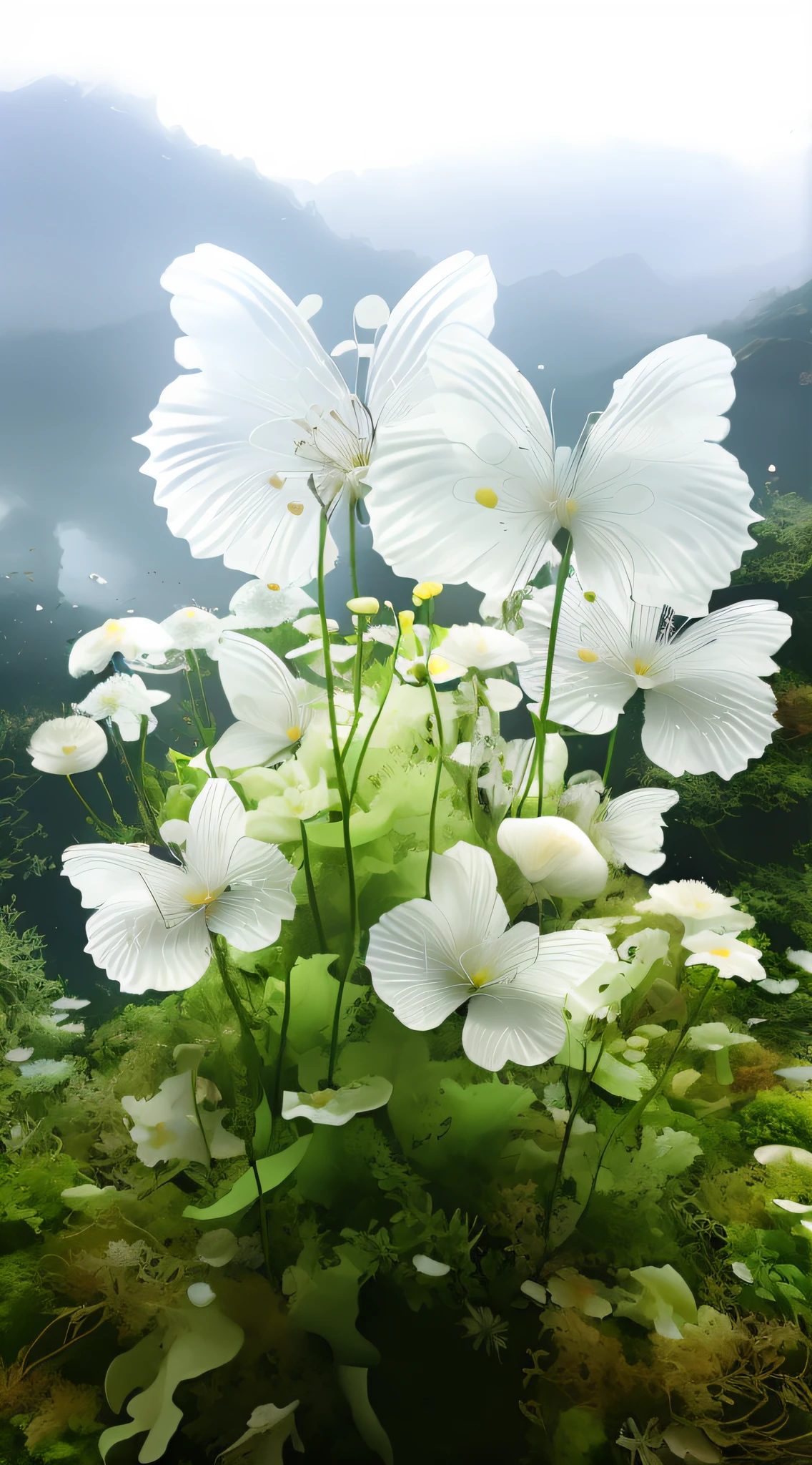 There is a large white flower,There are many white petals, underwater plants, fantasy magical vegetation, Incredibly ethereal, floral environment, extremely beautiful and ethereal, sea butterflies, detailed beautiful plants, Magical flowers, aquatic plants, surreal waiizi flowers, Ethereal!!! Ultra photo realsisim, White flowers, nature and floral aesthetics, Incredibly beautiful, fantasy flowers and leaves, flowers and butterflies