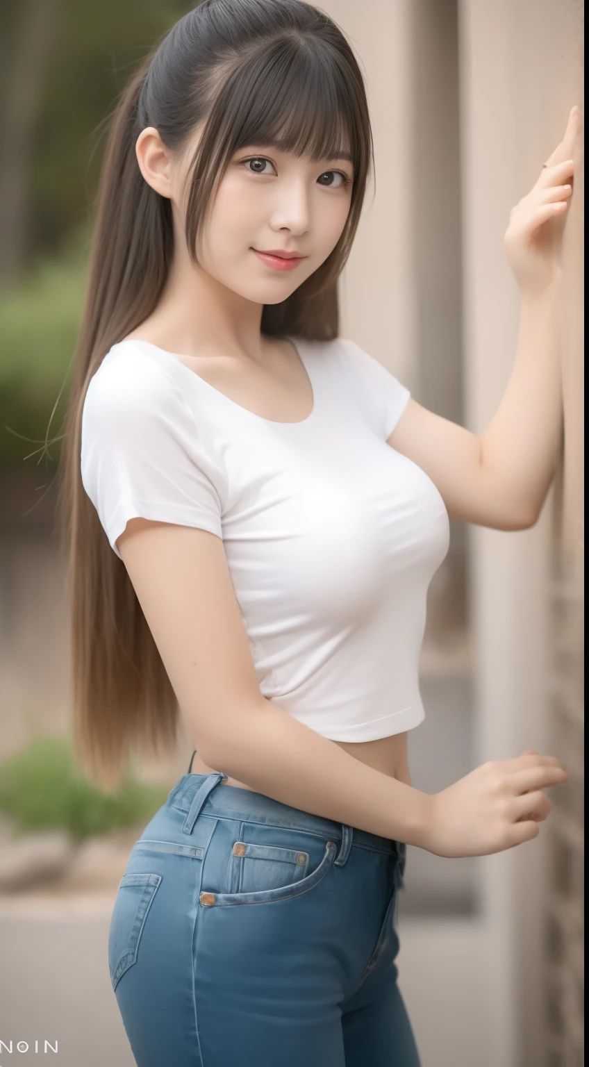 girl  max caulfield  ,brown hair ,  ,. red lips ,long hair , , depth of field, 
 ,    no smiling ,,, white t-shirt and jeans ,looking at viewer ,  at the zoo