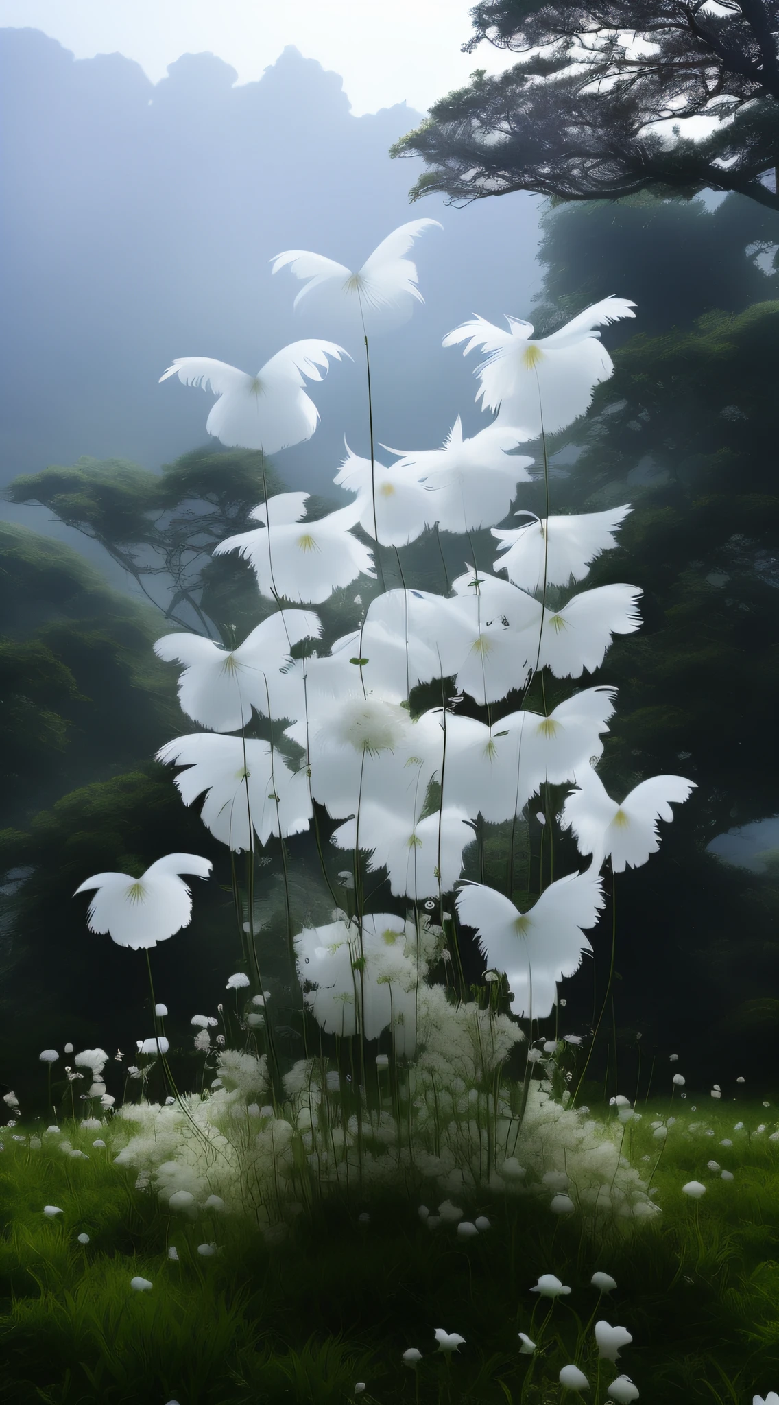 In the middle of the field there is a large bush with white flowers, flowers with very long petals, surreal waiizi flowers, transparent feathers, White feathers, giant flowers, full body made of white feathers, Beautiful large flowers, mingchen shen, White peacock feathers, chinese artist cai guo qiang, alien foliage plants, large translucent art statues