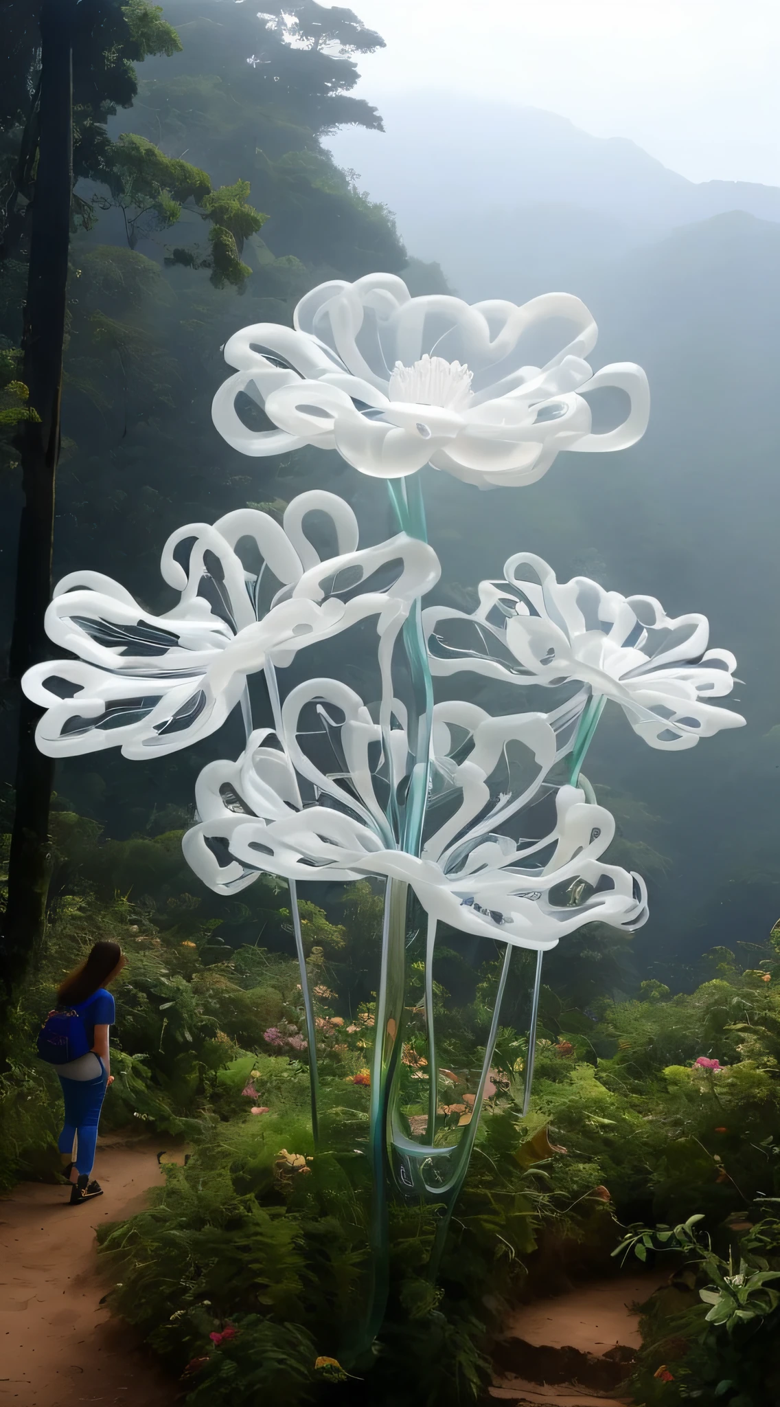 There was a woman walking down a small road，There is a large flower sculpture on it, surreal waiizi flowers, giant flowers, made out of plastic, Strange flowers, glass flowers, alien flowers, Made of transparent plastic, An art form in nature, Exuberant organic elegance form, Beautiful large flowers, inspired by Fei Danxu, alien flowers, mingchen shen, Surreal!!!