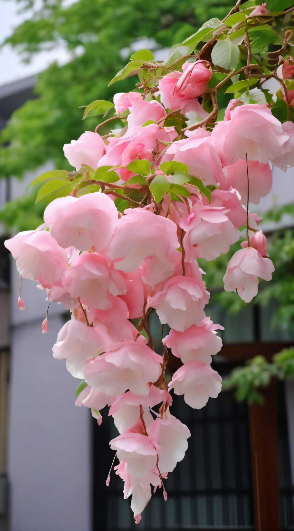 A pink flower hangs from the tree in front of the building, Pink flowers, beautiful flowers growing, light pink tonalities, Beautiful flowers, Beautiful large flowers, flowering vines, beautiful flowers, Very beautiful, Beautiful image, elegant flowers, big breasts beautiful, very beautiful photograph of, Incredibly beautiful, pink flower, Blooming flowers, huge flower, flowers blooming, Pink