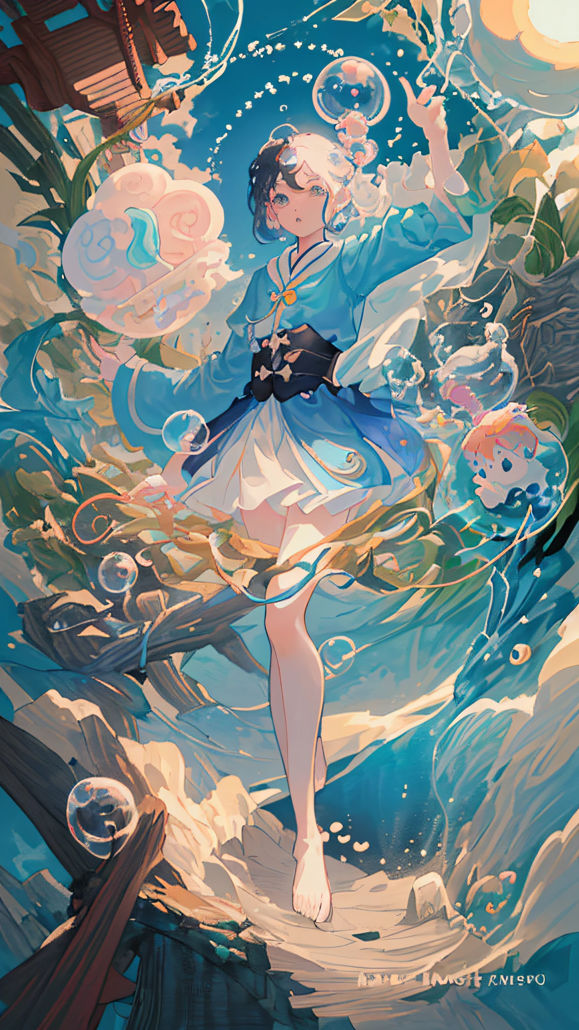 there is a cartoon boy blowing bubbles in the air, soap bubble mind, soap bubble, water bubble, bubbles of the impossible, by Li Fangying, yanjun chengt, art cover, soap bubbles, children's book cover, inspired by Huang Gongwang, inspired by Li Shixing, by Qu Leilei, a beautiful artwork illustration