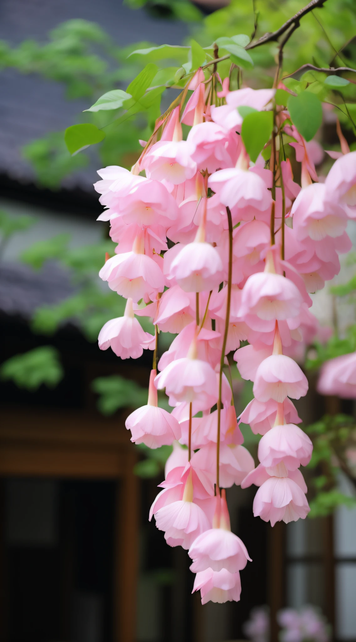 A pink flower hangs from the tree in the garden, flowering vines, Pink flowers, light pink tonalities, pink zen style, beautiful flowers growing, flowers with very long petals, author:Chai Mansion, by Gusukuma Seihō, Beautiful flowers, sōsaku hanga, author:Xiu Wen Tianzheng, Beautiful image