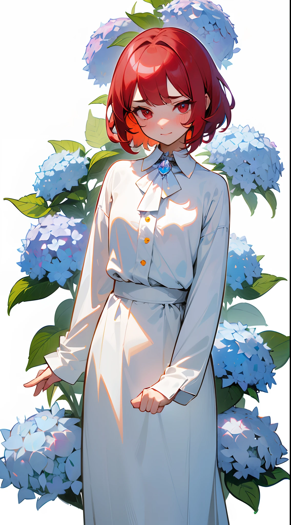 ((tmasterpiece)), (((beste-Qualit))), ((ultradetailed)), ((illustartion)), The light effect of realism, Smooth shadows, (fantasy style), (whitebackground:1.6), Simple background, illustartion, 1 girl, Cute look, beatiful face, A kind look, Embarrassed look, Vermilion hair, (Short Hair Hair), shaggy hair, hair color: Red, without bangs, voluminous hair, (hairstyle: Short Four of a Kind), Neck-length hair, The eyes are red, red eyes, Red shades, ruby, Environment change scene, (The hair is surrounded by the bursts of the galaxy), wide eyes, Lashes, little smile, Joy and Embarrassment, Crystal hair, Glowing Hair, shirt with collar, Shirt in sleeves with lanterns, Additional lighting, ((white shirt)), blushful, Simple background, whitebackground, Flowers on a white background, (hydrangea flowers), Hydrangea white