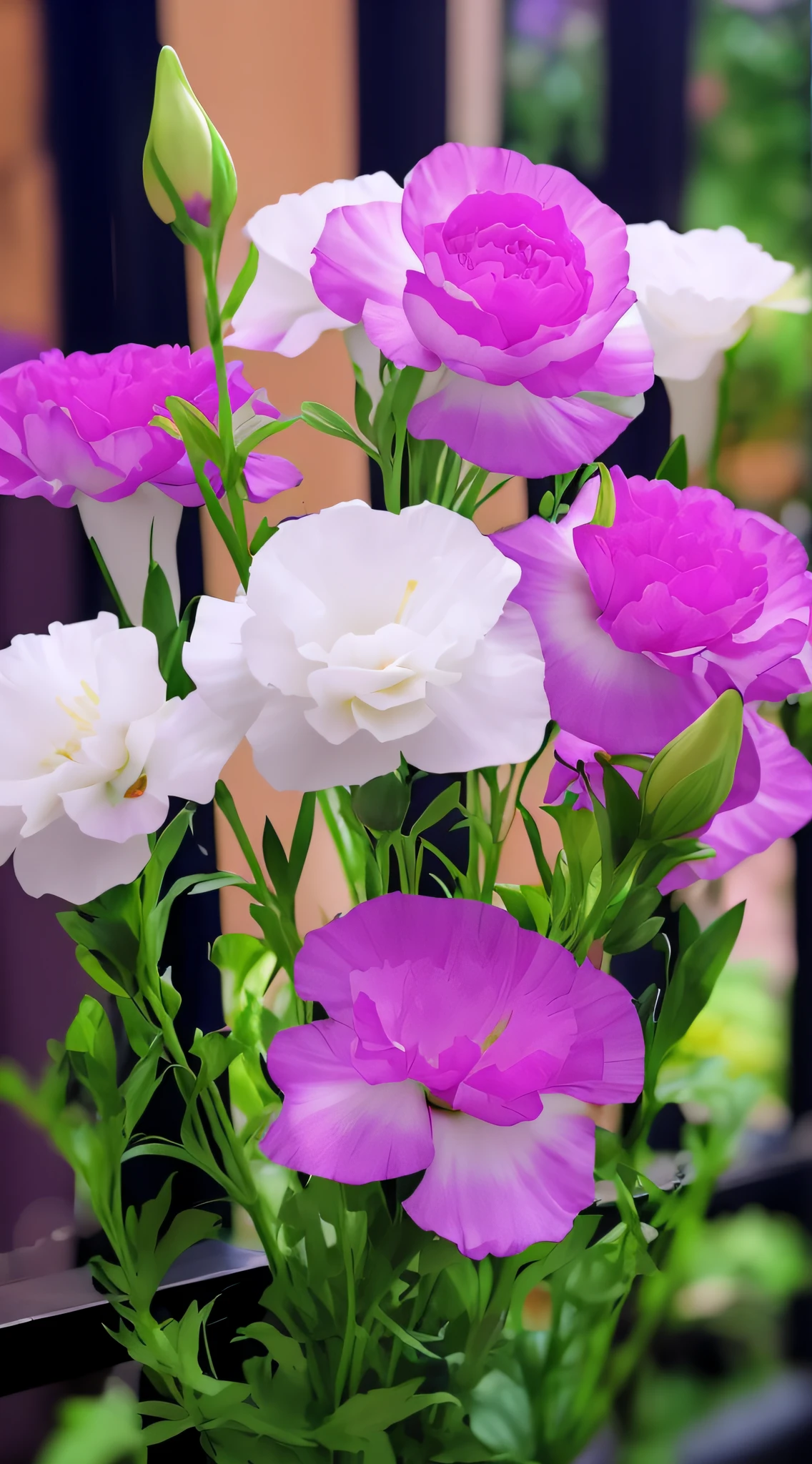 There is a vase on the table,There are flowers inside, Beautiful flowers, beautiful flowers growing, beautiful flowers, white and purple, beautiful flowers, elegant flowers, soft flowers, flowers blooming, Purple flowers, Blooming flowers, decorative flowers, brightly colored flowers, magical colorful flowers, Pink flowers, colorful flower, tall flowers, Beautiful large flowers, carnation, Colorful flowers