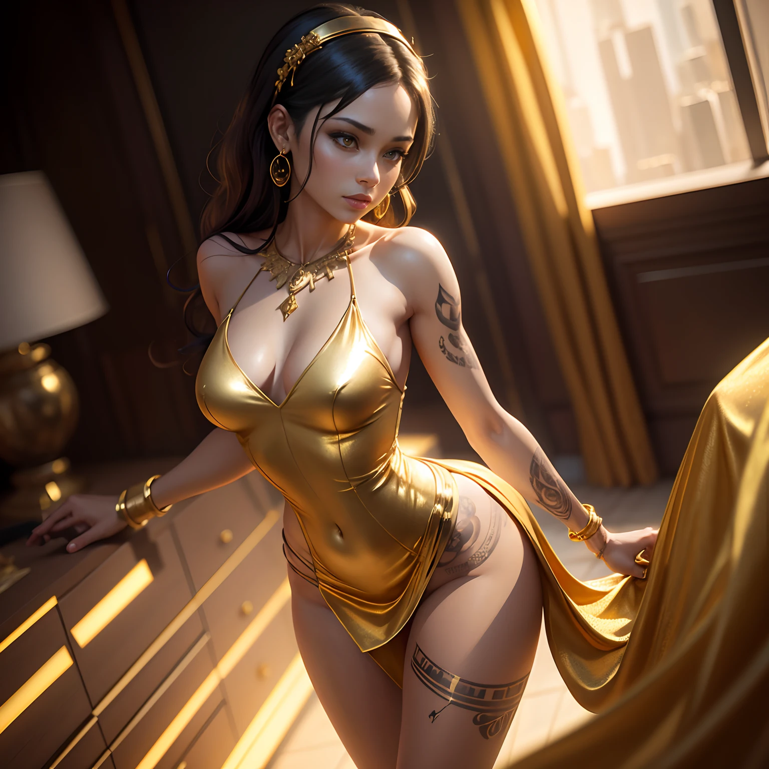 Gold tattoo with girl with golden earrings, In the style of vray tracing, Martin Ansin, yuumei, Poured, close up, Dark white and gold, speedpainting, masutepiece, Best Quality,Skinny Legs,Gold Dress,In the hotel bedroom,