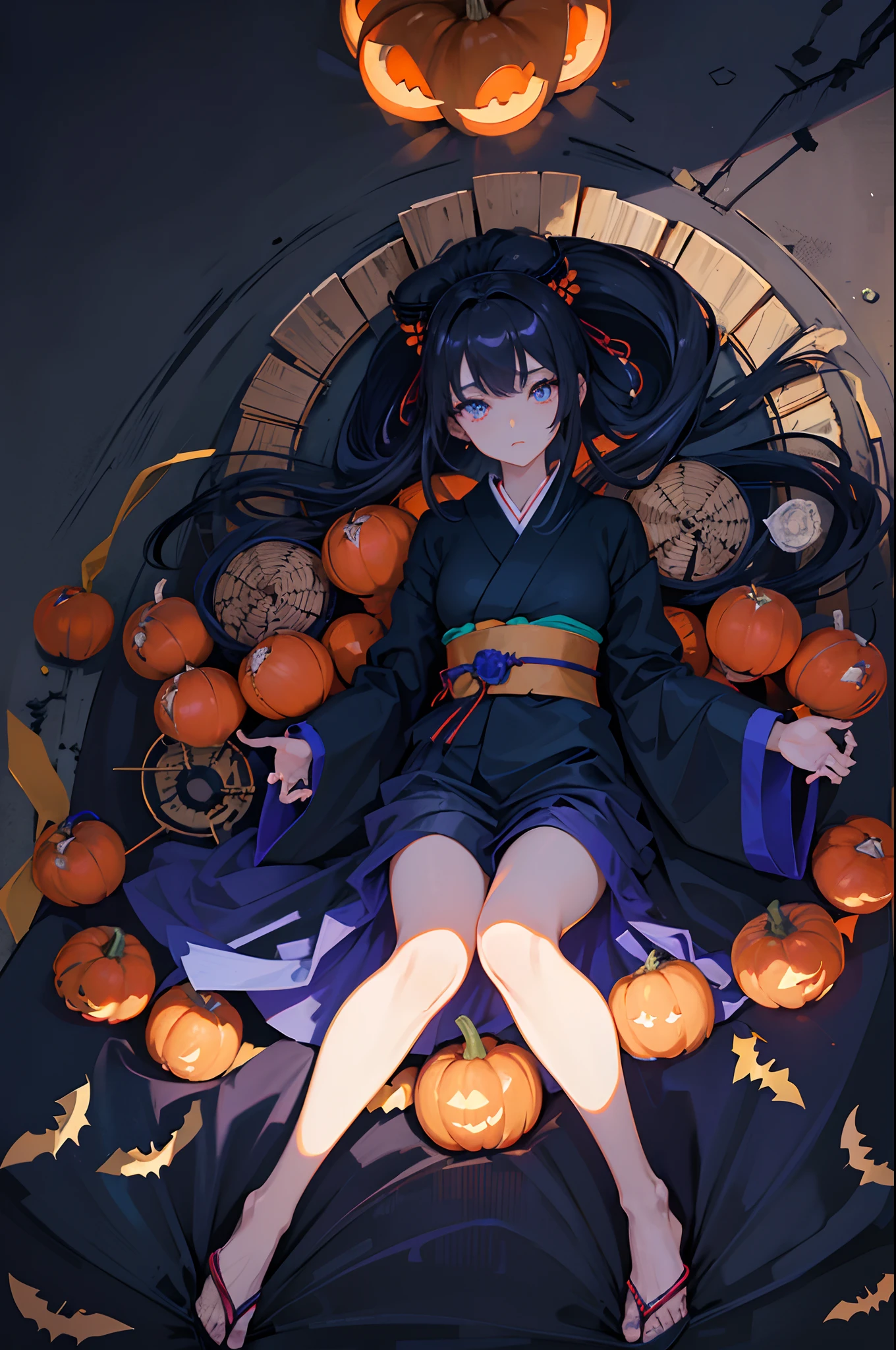 A dark-haired　blue eyess　length hair　teens girl　Hakama　poneyTail　Japan House  　Halloween　pumpkins　​masterpiece　Top image quality　Clear　anime colours　cinematic shadow　Increased attractiveness of the eyes　Clear the shine of the eyes　Draw eyelashes neatly　Perfect Eye　A detailed eye　Sharpen image quality　Sharpen eye writing　Clear eye shape