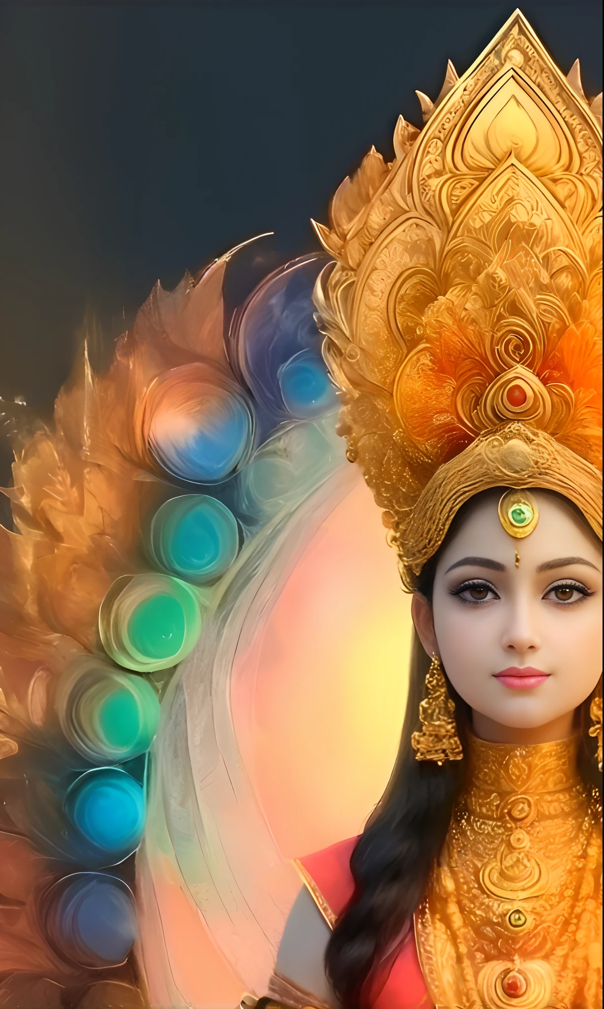 painting of a woman in a golden outfit sitting in a lotus position, indian goddess of wealth, indian goddess, a stunning portrait of a goddess, 3 d goddess portrait, portrait of a beautiful goddess, extremely detailed goddess shot, beautiful goddess, goddess of love and peace, goddess. extremely high detail, divine goddess, goddess portrait, goddess art, indian god, female goddess