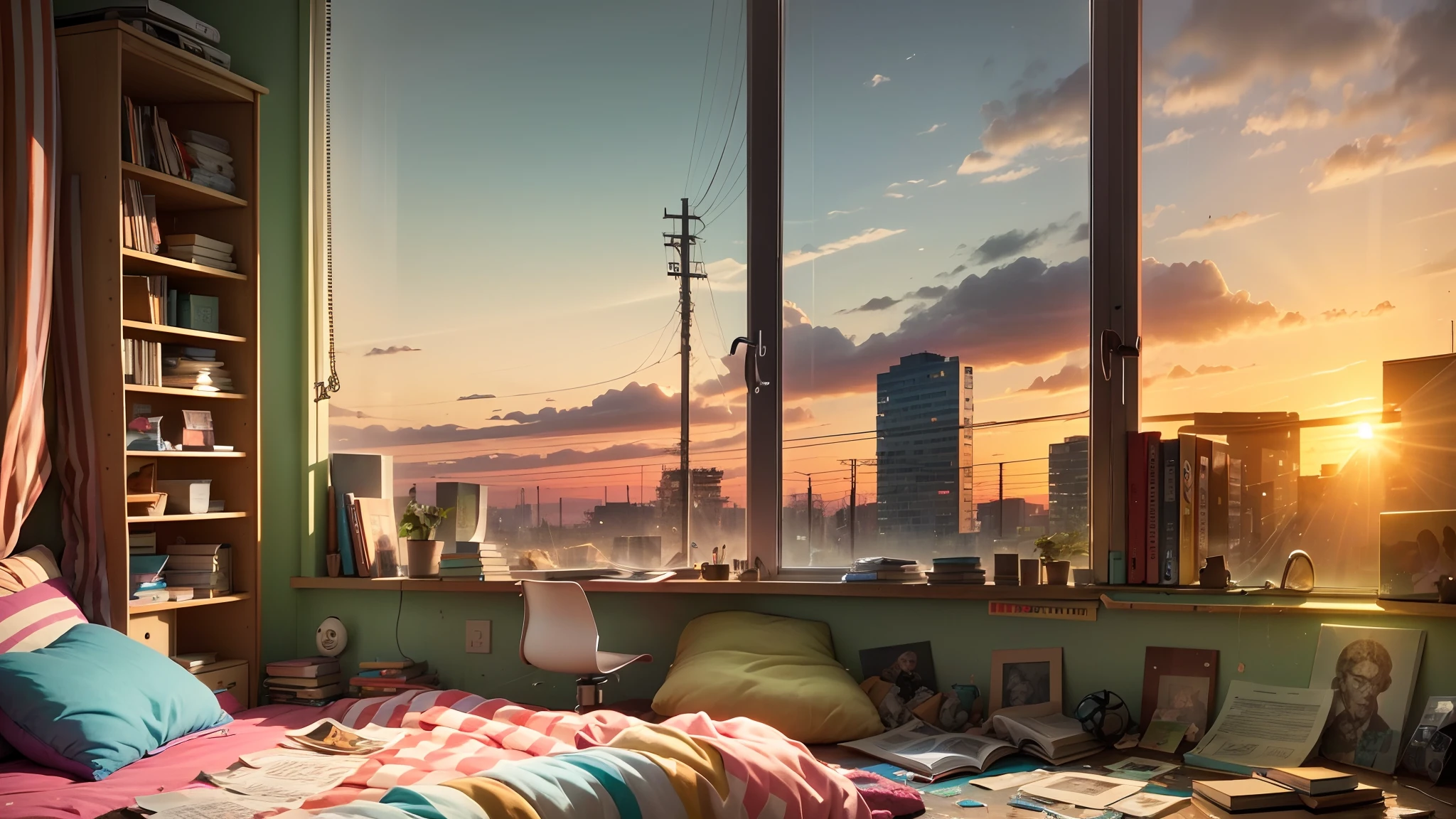 a teenager's room, messy, with books scattered on the floor, computer, stereo, window with sunset --auto --s2