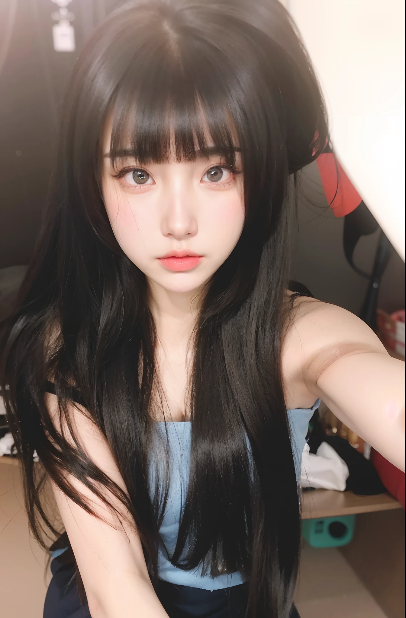 a close up of a woman with long hair wearing a blue dress, Yoshitomo Nara, ulzzangs, shikamimi, chiho, black hime cut hair, Anime girl in real life, She has black hair，By bangs, belle delphine, ilya kuvshinov with long hair, sakimichan, hime-cut