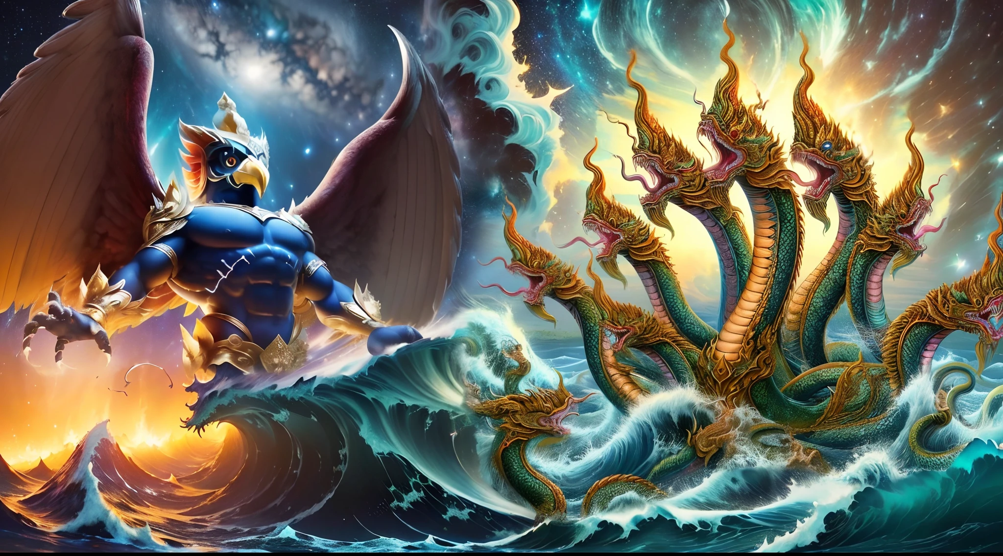 (masterpiece, top quality, best quality, official art, beautiful and aesthetic:1.2), (chaos ocean, big wave:1.4), (storm, thunder), fire, cumulus, starry sky, long exposure, night, (glittering lights:1.2), (night sky:1.4), (glittering stars:1.4), cosmic, (nebula:1.2),