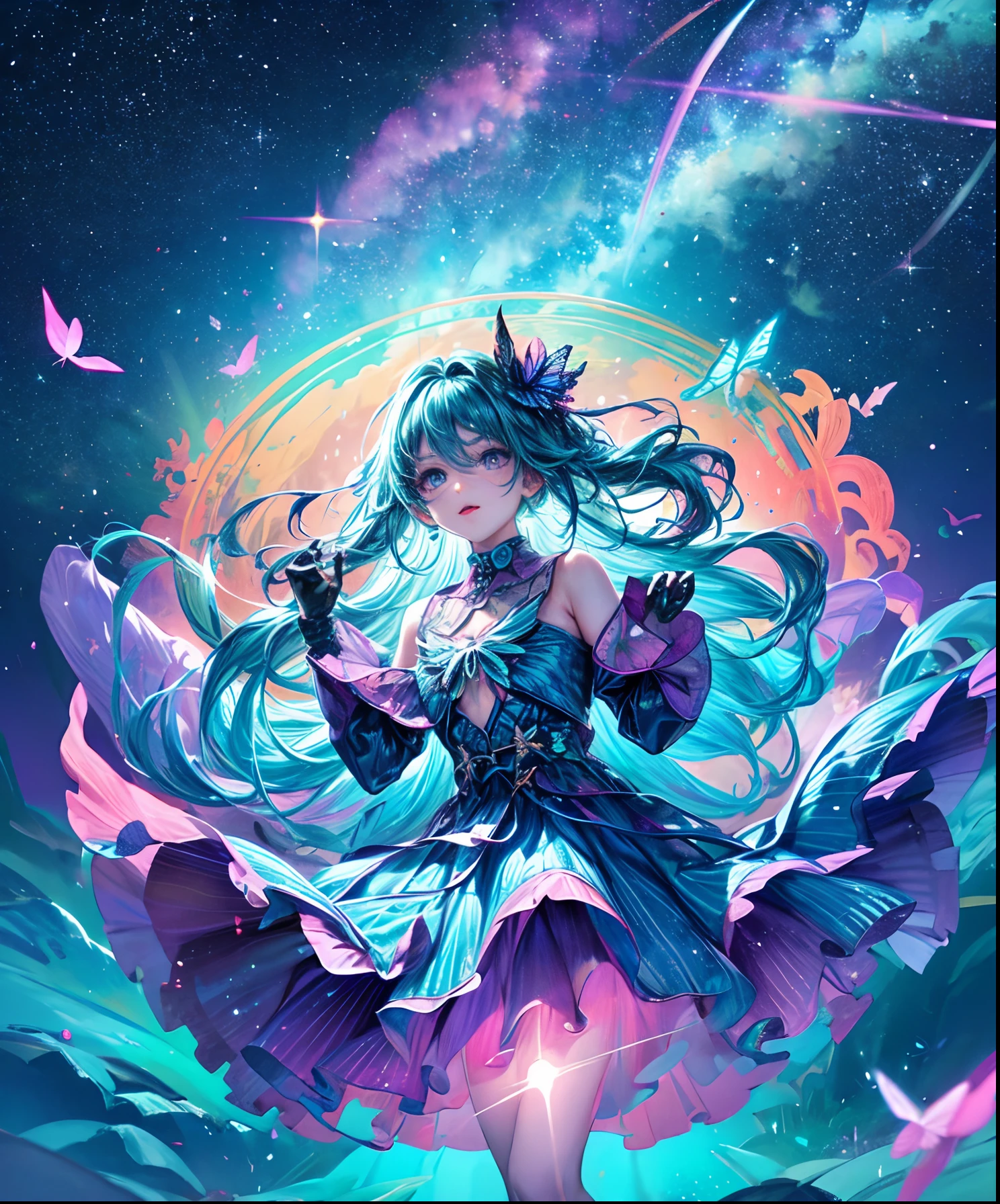 Cute iridescent round monster in space、Iridescent grass々Drawing a butterfly flying over the water, Looking up at the starry sky. Surround her with colorful nebulae and colorful forests.