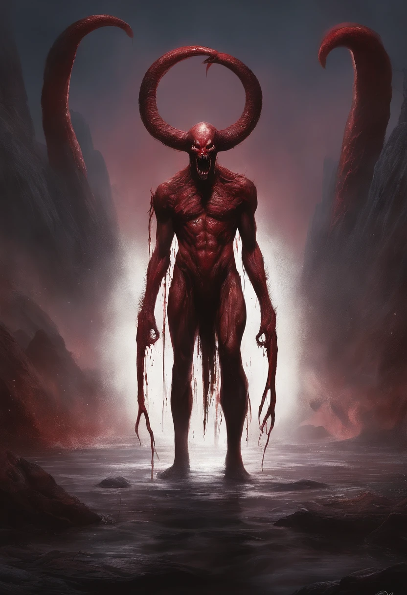 A painting of a demonic creature with a bloodied face and a bloodied head, carnage, Sci - Horror Art of Fiction, Science fiction horror artwork, miss october, Most beautiful lifeform in the galaxy, Crocs de carnage, Horror fantasy art, comics cover, Horror concept art, venin, Art fantastique et horreur, Detailed illustration of 4K horror, Demonic creature, Dark Fantasy Horror Art
