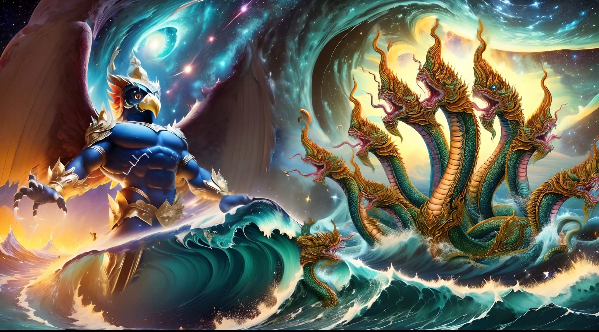 (masterpiece, top quality, best quality, official art, beautiful and aesthetic:1.2), (chaos ocean, big wave:1.4), (storm, thunder), fire, cumulus, starry sky, long exposure, night, (glittering lights:1.2), (night sky:1.4), (glittering stars:1.4), cosmic, (nebula:1.2),