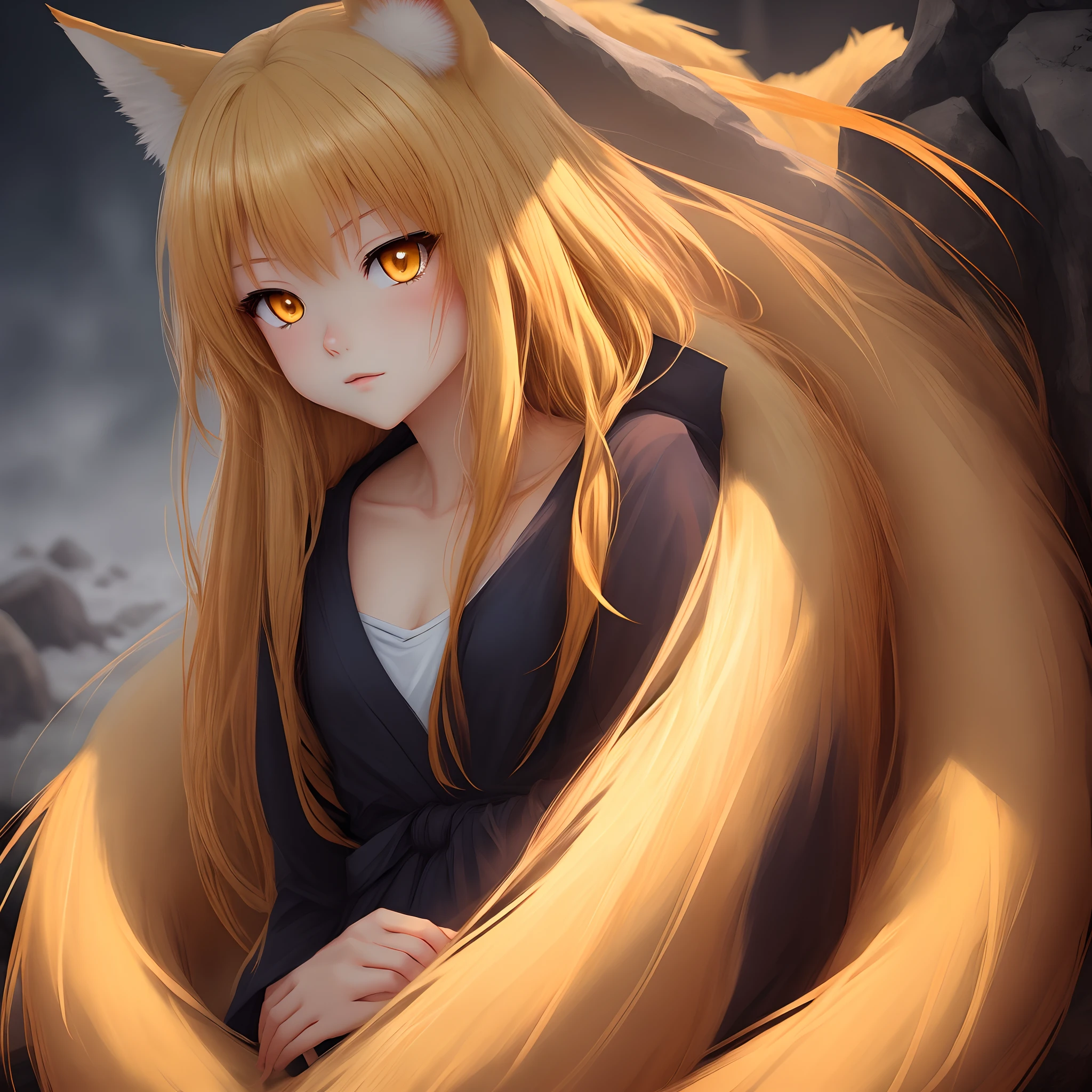 Nine-tailed fox
Fox
blond hair
Anime style
Yellow eyes