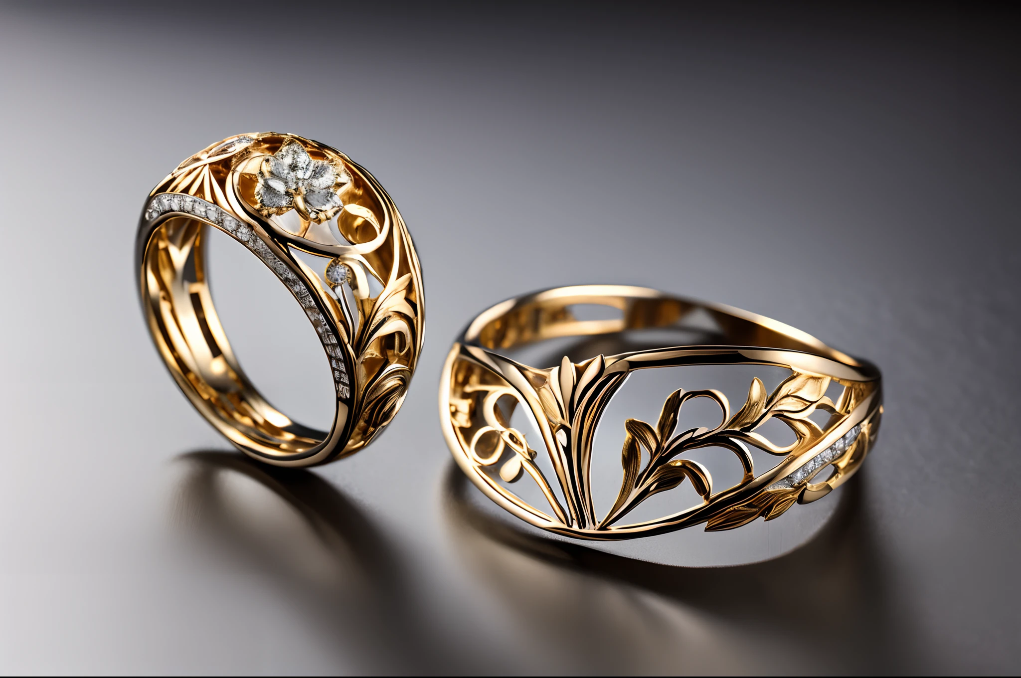 Art nouveau ring, gold and platinum, modernista design. Photography,  shift-tilt effect