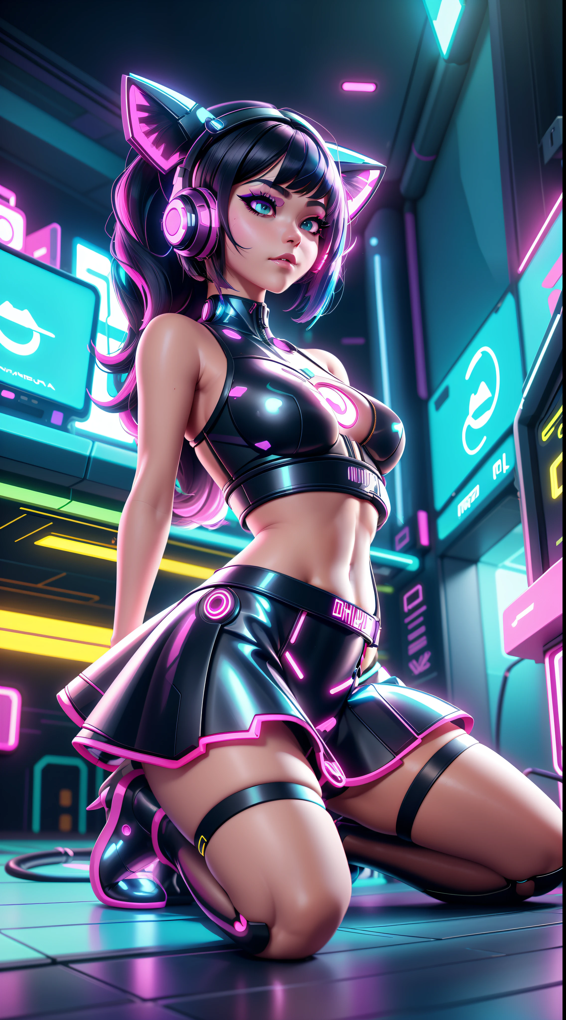 A closeup of a woman in a cat outfit sitting on the floor, garota anime cyberpunk, cyberpunk sonhadora, meninaime cyberpunk feminino, Cyber Escola Menina, Digiberpunk - Arte de Anime, Cyberpunk 2 0 e. o modelo menina, Garota cyb, vibe cyberpunk, cyberpunk vibes, no estilo cyberpunk, menina android perfeita,punk with neon lighting, roupa cyberpunk, Cybernetic style