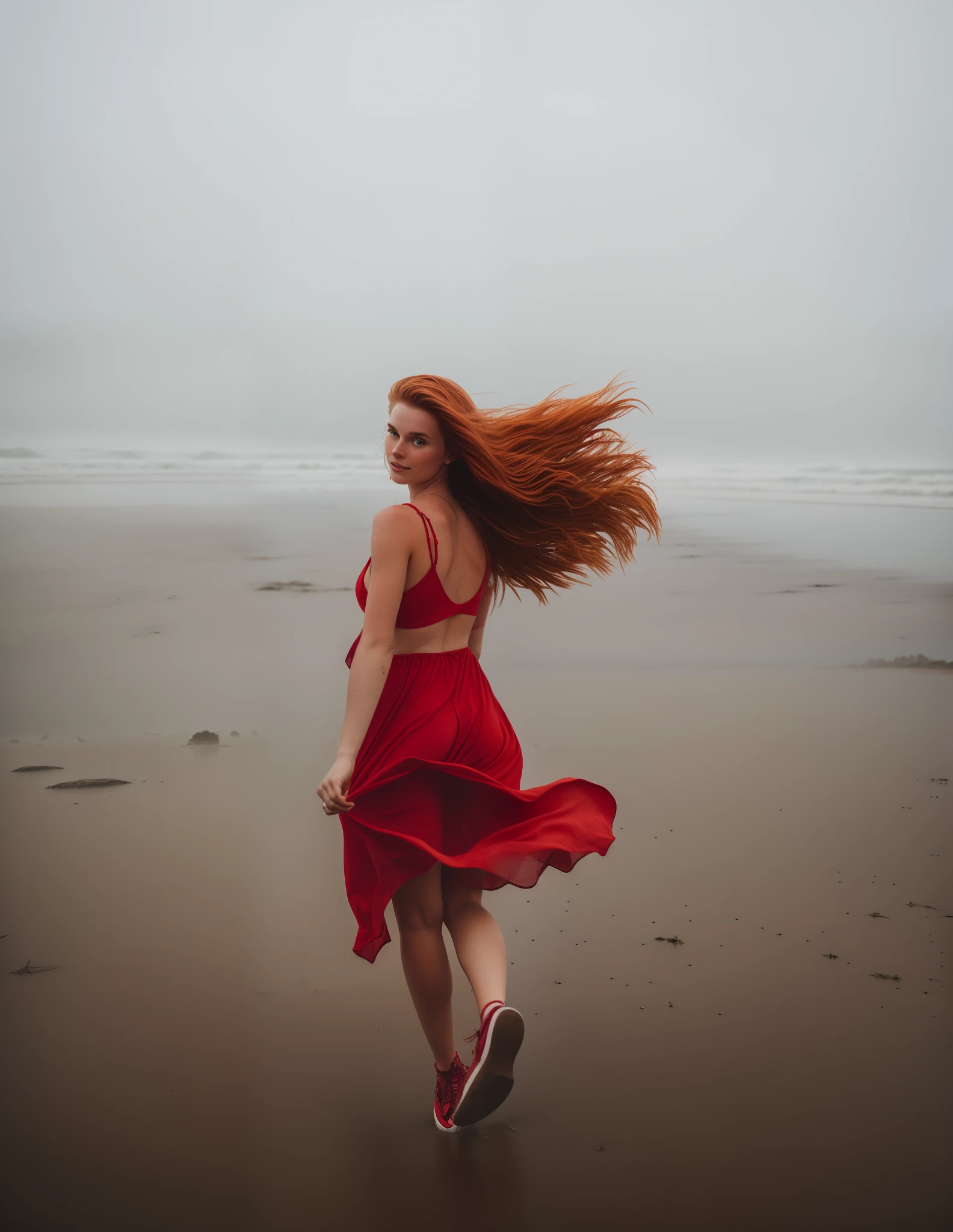 A girl with red clothes, walking on beach, foggy weathering , tall hair in dancing with wind, heyper realistic photo, wild angel shot , with 35mm lenz