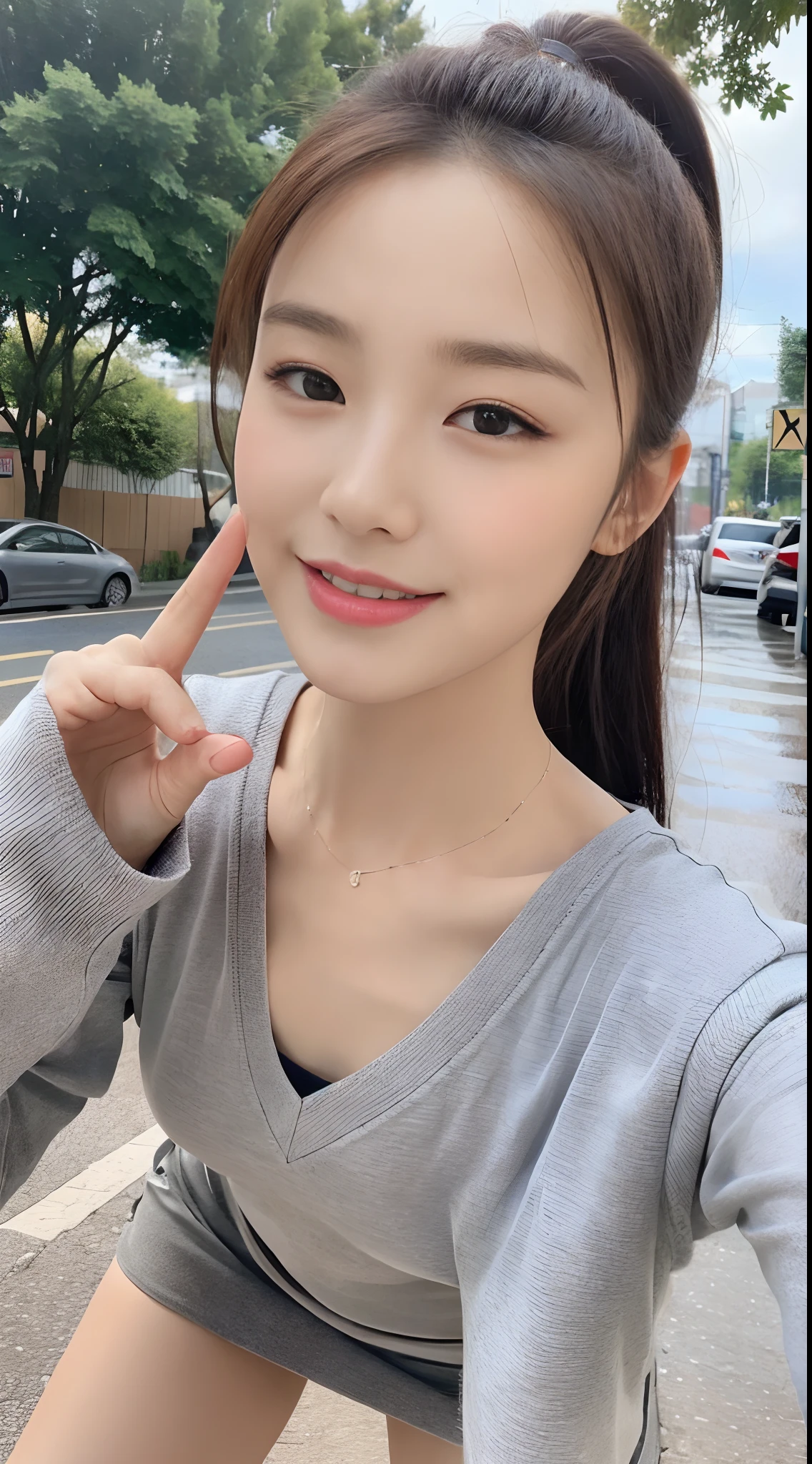 ((Best Quality, 8k, Masterpiece:1.3)), Focus: 1.2, Perfect Body Beauty: 1.4, Buttocks: 1.2, ((High Ponytail, Collarbone: 1.2)), (Short Skirt: 1.1) , (Rain, Street:1.3), Highly detailed face and skin texture, Fine eyes, Double eyelids, Whitened skin, Long hair, (Shut up: 1.3), Smile, Long legs, Full body, Best proportions of four fingers and one thumb, Smiley face, Face texture: 1.3, Sunshine, Summer, collarbone, beautiful eyes, real face, real skin, realistic face, realistic skin, detailed eyes, detailed facial features, detailed clothing features, detailed face, tight fit, POS random, clothes random: 1.1
