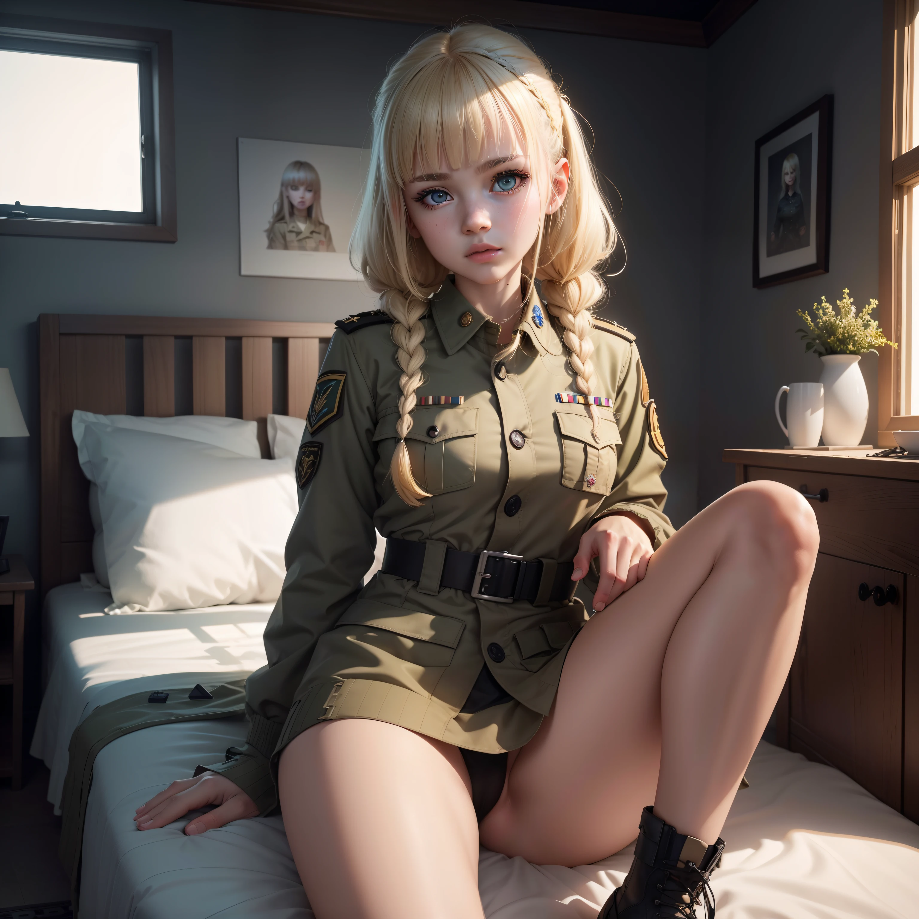 Military installations,ukrainian girl , Ukrainian anime girls , , Ukraine , Full body composition of young girl with messy bright blonde hair, eye make up, , Soft lighting, Solo,, badges, Pose, Blotch color, Octane Render, Hyperrealistic intricate detail, Cinematic, 8K resolution, 70mm, Accent Lighting, Global Illumination, Full body portrait, clean detailed faces, poneyTail,Cute face,, Slim legs,In military beds,