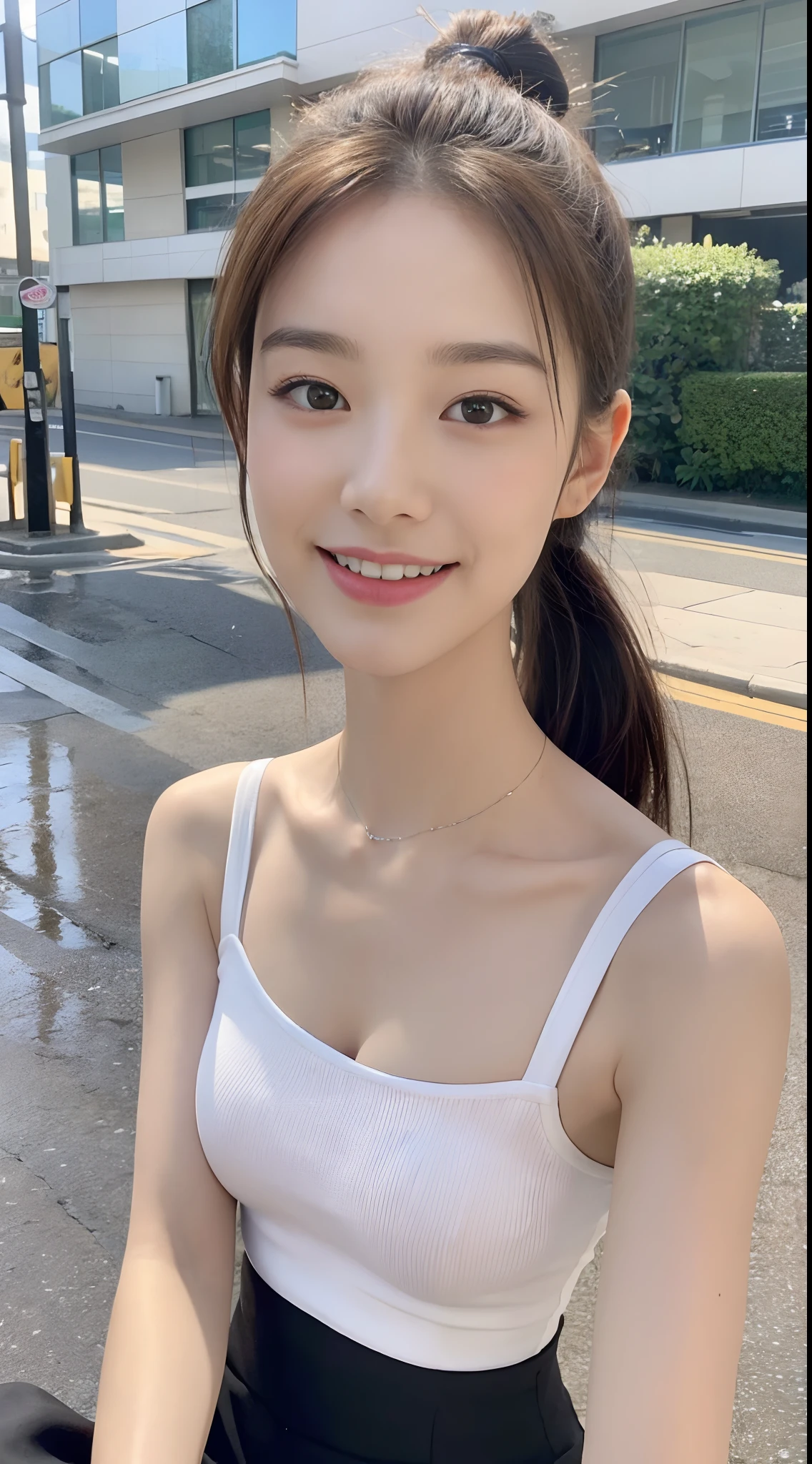 1 pretty girl,white skinned,brown hair,looking at viewer, beautiful small chest, France, pony tail, happy smile, bus driver