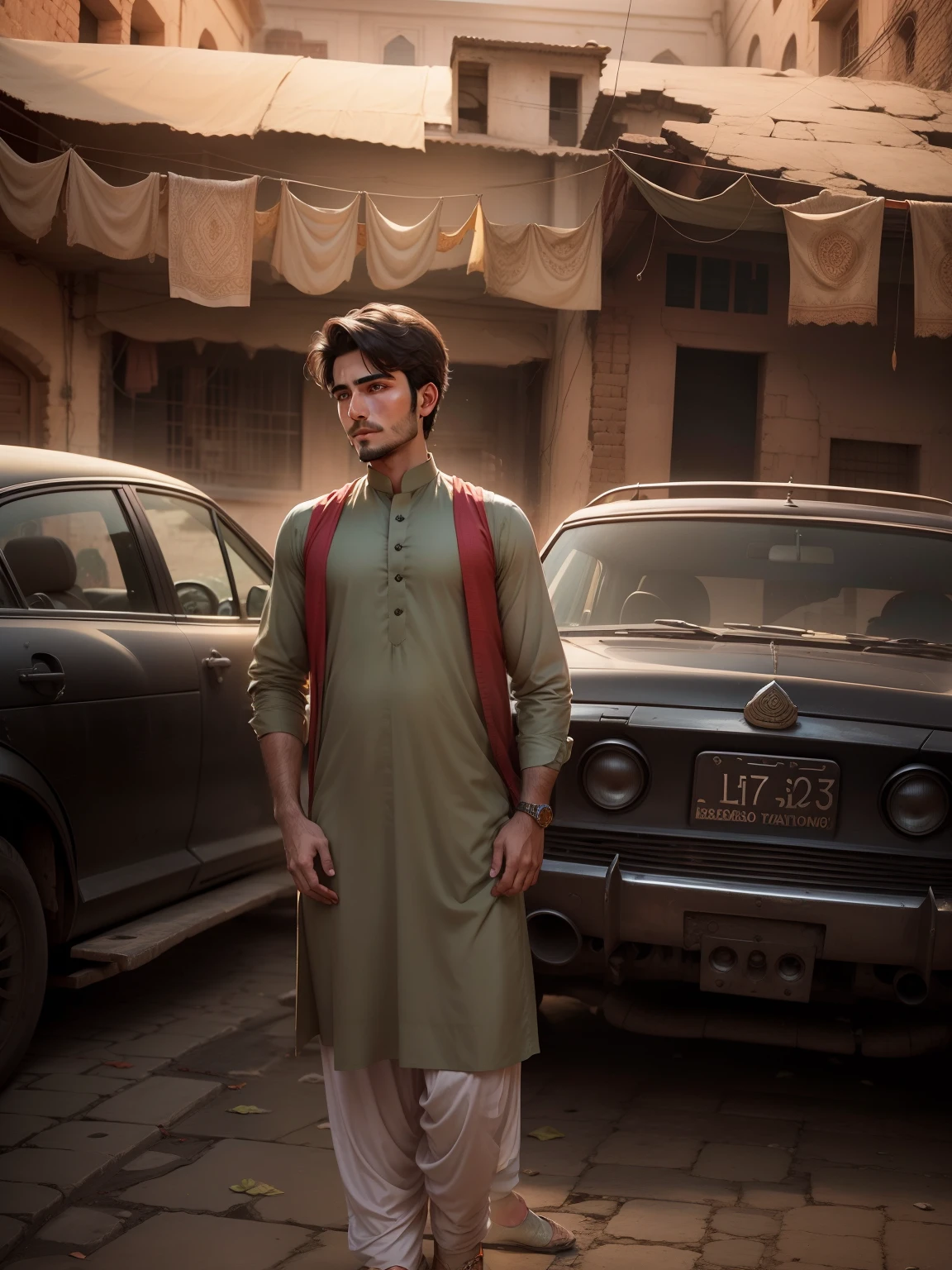 Change background, make handsome boy wearing pashto cultural dress shalwar kameez in Peshawar old city, look realistic
