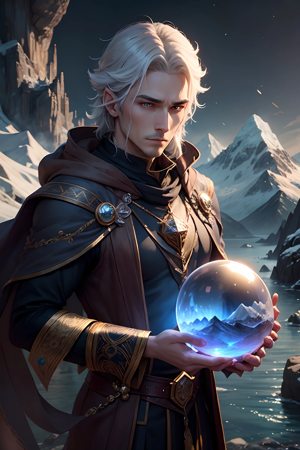 male wizard，crystal sphere，8K，a sense of mystery，Elegant，Just，Deep eyes，Three-dimensional facial features，Mountains and rivers