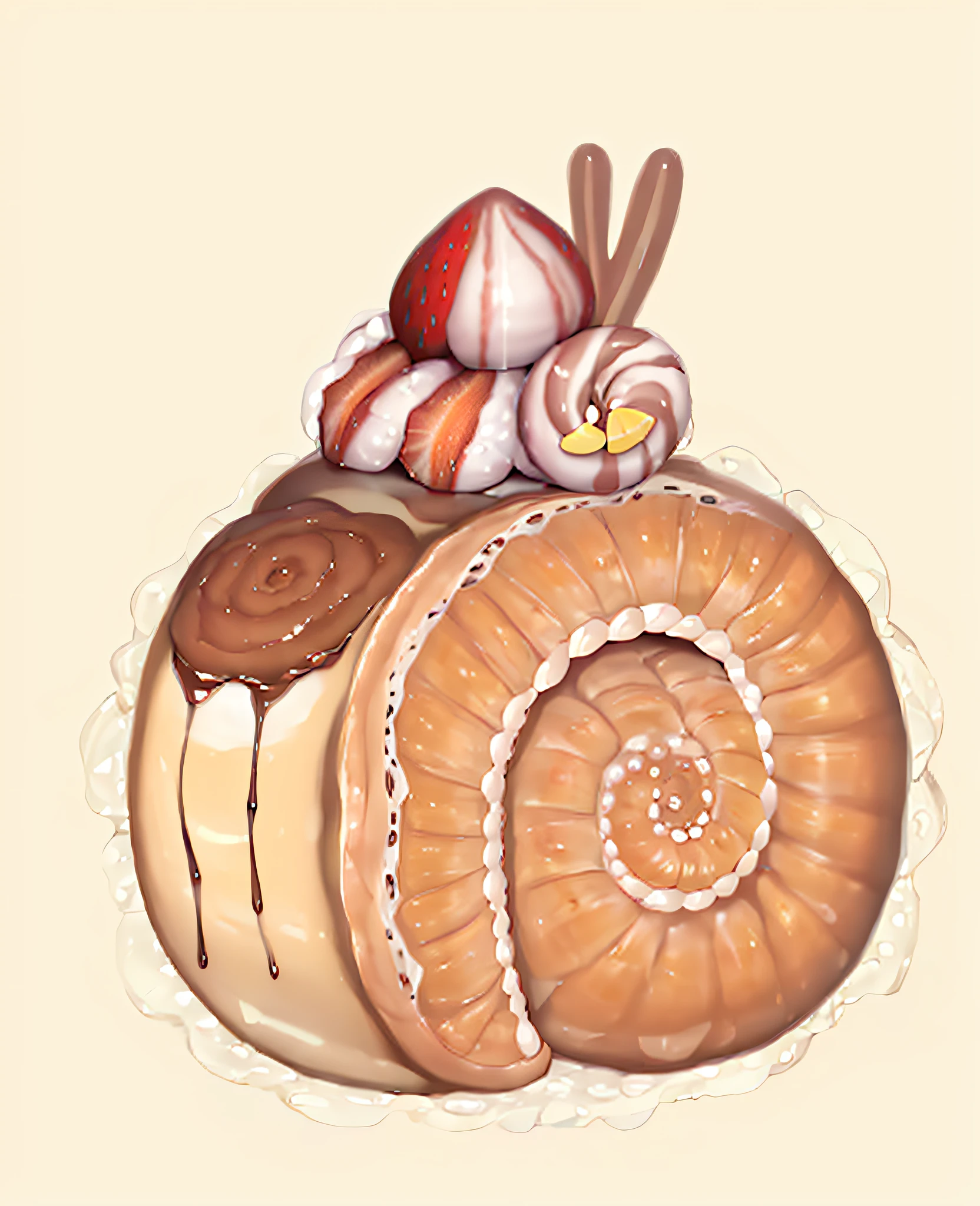 Close-up of pastries，Top with chocolate frosting and strawberries, in the shape of a cinnamon roll, resin, patisserie, 🐿🍸🍋, 🎀 🧟 🍓 🧚, snail, anime food, pastry lizard, snail shell, cute bakery shop, patisserie, Bun ), inspired by Kanbun Master, bread type pokemon, cutecore, Confectionery