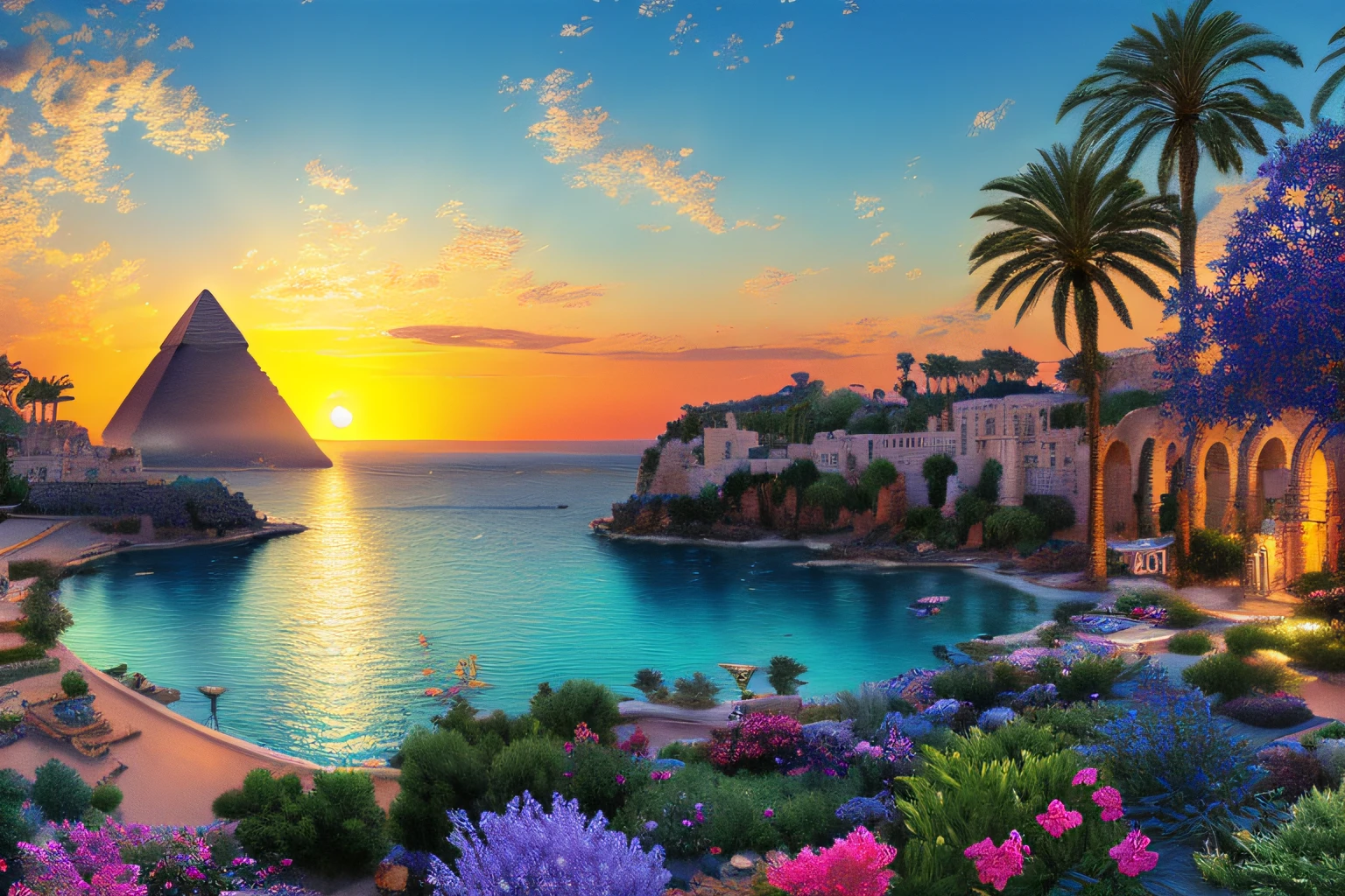 paysage,egypte, mer cristalline bleu cobalt,fleurs d'orangers, Eau cristalline, coucher du soleil, ,(Highly detailed CG Unit 8k wallpaper), The most beautiful work of art in the world, Professional majestic oil painting, complexe, High detail, mise au point nette, dramatique, Art of photorealist painting,