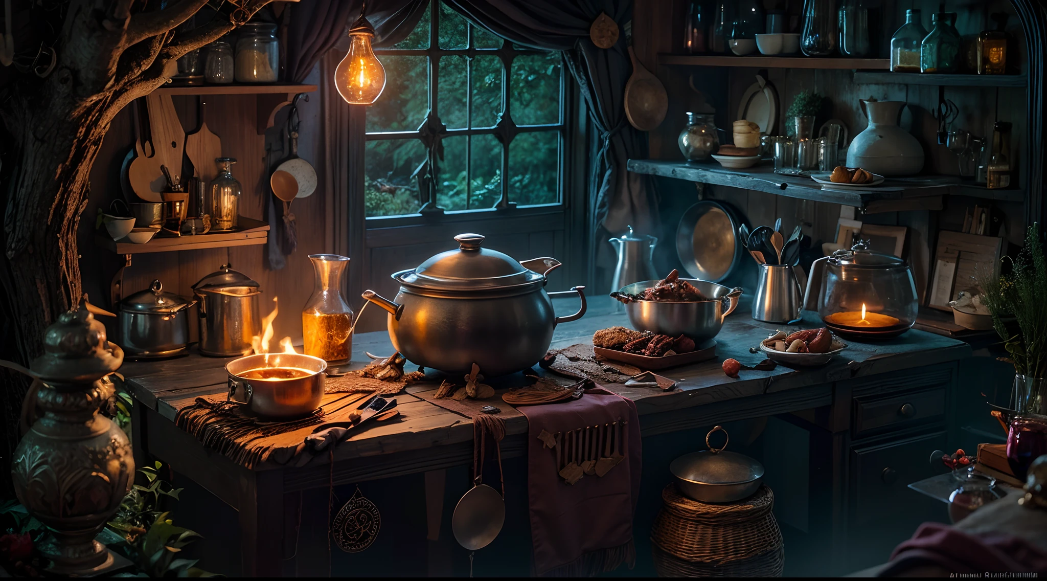 beautifully detailed witch's kitchen, with dim lighting, deep in the dark forest, using magical ingredients, enchanted cooking utensils, simmering cauldron, flickering candlelight, ancient book of spells, hovering broomstick, mystical atmosphere, rich color tones, and ethereal ambiance.