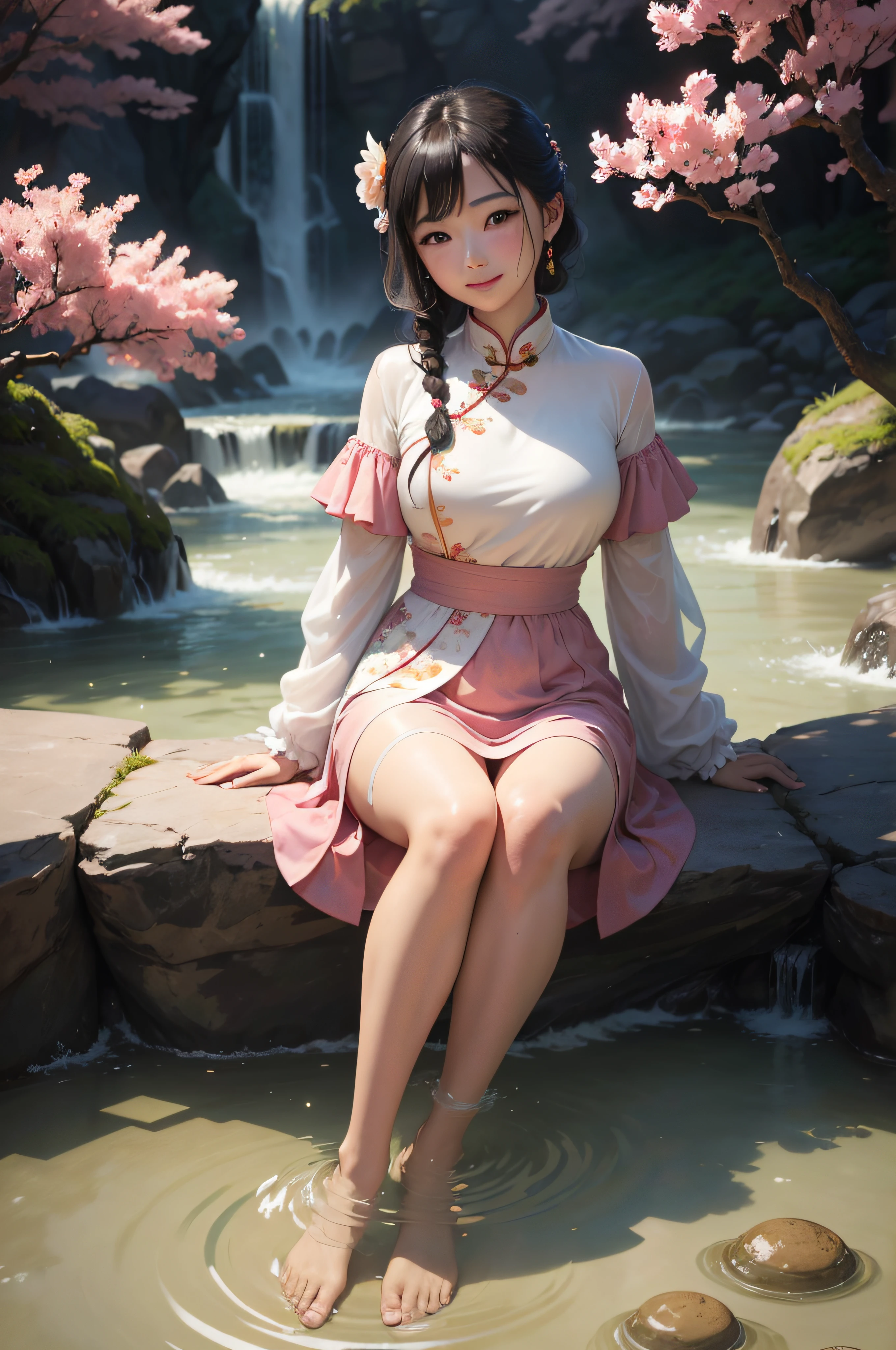 Chinese girl dress, photoshoot, Moments of honesty, cinematic Film still from, , Full body view, Photorealism, Realistic, photoshoot, outdoors lighting: Soft lighting, Perfect face, Perfect eyes, Perfect nose, Perfect lips, Perfect hands, perfectfingers, Ultra photo realsisim, Smile, Perfect skin, grin face, largeeyes，Cartoon background，（tmasterpiece，high high quality，Need，offcial art，Beauty and aesthetics：1.2），Surrounded by redstone，Splash，（Chinese landscape paper carving，Chinese landscape painting of the Song Dynasty：1.2），（Surrealist dream style ）、Cream-colored organic fluid、Chasing the light、Environmental shielding、misterious、Natural soft light、limestone、Gel resin tablets、oc rendered、（Peach blossom forest background：1.4）1rabbit