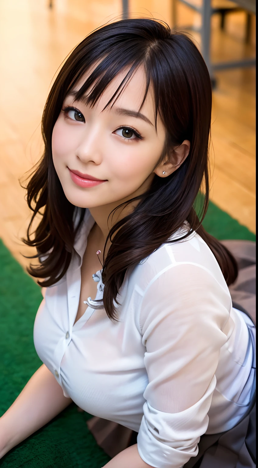 (masutepiece: 1.3), (max resolution: 1.2), (Ultra HDTV: 1.2), cinematric light, Ultra HDTV, (Detailed eyes and skin), (detailed facial features), nffsw, 8K resolution, Chest Sharp Focus: 1.2, Perfect Style, Beautiful face, acurate, Anatomically correct, Highly detailed face and skin texture, Detailed eyes, Dark-blue eyes, Double eyelids, Thin eyebrows, Glitter Eyeliner: 1.2, Natural cheeks, Glossy skin, Fair skin: 1.2, (Glossy lips: 1.4), BREAK, absurderes, One-person viewpoint, (she is high school Teacher), (Wearing a Button up shirt, Short pleated skirt、hi-school girl、bow ribbon), (Seductive smile: 1.2), (Staring at the viewer), ((a Innocent and cute girl:1.3)), (Layered hairstyle, Wavy Hair), (light brown hair:1.2), Medium Long Hair, (Full body shot: 1.2), Focus on Face, ((Very intimate relationships: 1.2)), Large breasts, ((Lying on the floor of the green carpet:1.2)), ((In An empty library、Unbutton your shirt)), (From directly above:1.2),