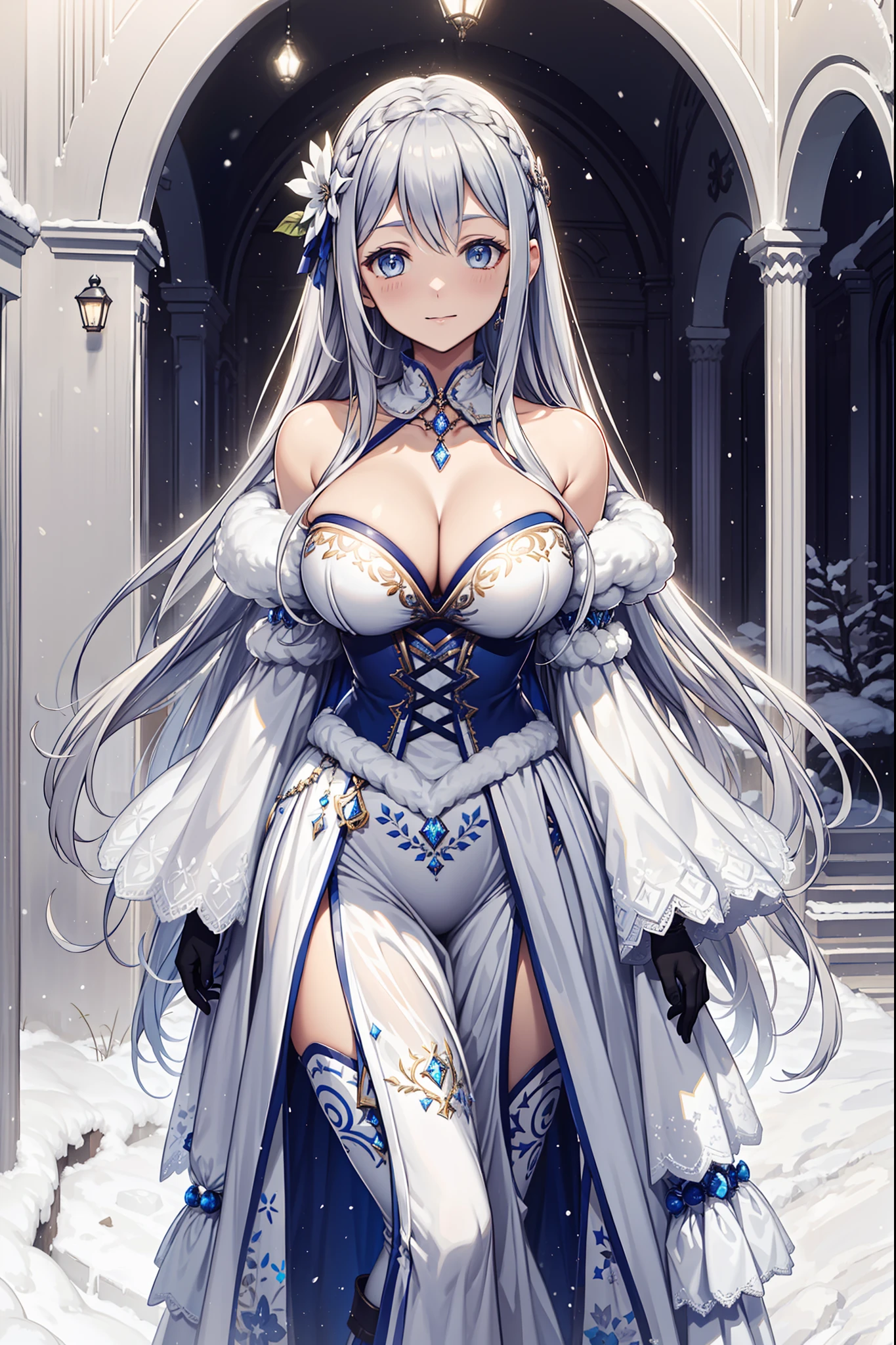 saints,divino,having fun,(white winter outfit:1.3),Long boots,mitts,Large long skirt,(Plush ),(Silvery hair:1.2),eBlue eyes,(Many ornaments made of ice:1.1),Light purple pattern,Maximalism,Ruffles,Lace,Delicate embroidery,Delicate pattern,(exquisite costumes),The background is the Ice Kingdom,(heavy snowy),solo person,Beautiful detailed face,Enchanted