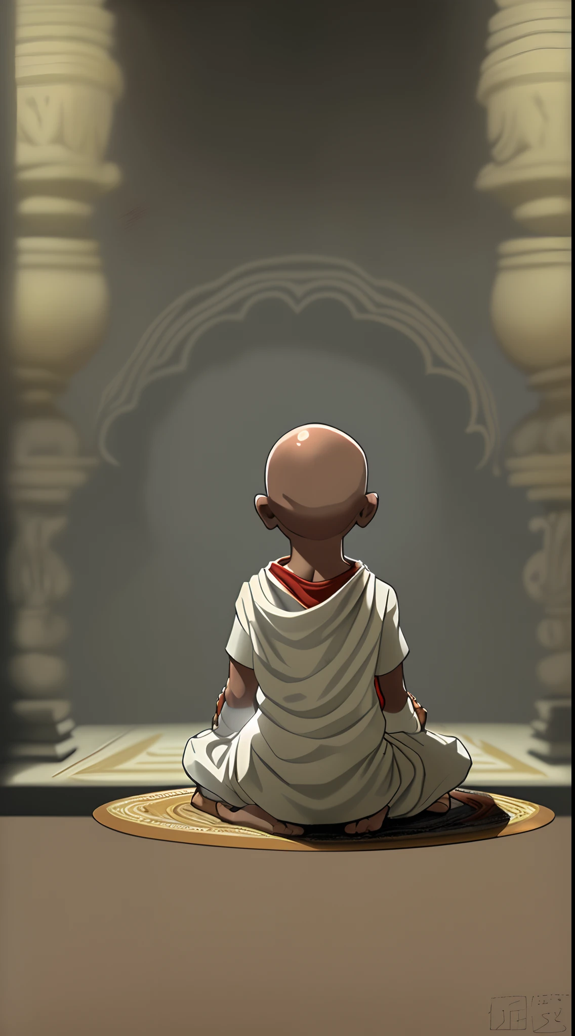  bald indian boy worshipping in temple, praying boy in temple, 2 bowls in hand, sitting small boy, bald boy, masterpiece, 2d art, toony, back view, wearing white dhoti, upper body cloth less, thin body, average figure, skinny, bowls in hand, dark background