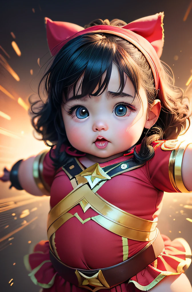 a fat  girl wearing wonder woman babytume, cute pose, very cute, detailed face, detailed fat body, detailed outfit (reality: 1.4), (A hyper-realistic), (high resolution), (8K), (highly detailed), ( Best Illustration), (detailed eyes), (ultra-detailliert), Bright lighting, Professional Lighting, The background is the battlefield.