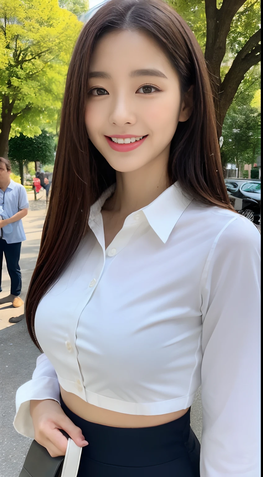 ((top-quality、8K、​masterpiece:1.3))、foco nítido:1.2、Beautiful woman with perfect body shape:1.4、Slim abs:1.2、(Layered Hair Style:1.2))、(Wet white button long shirt:1.3)、Sateen:1.3、Street:1.2、wetbody:1.1、Highly detailed facial and skin texture、A detailed eye、二重まぶた、Very big big hidden under a button shirt with a collar、A smile、full body seen、OL、Office Casual Suit Setup、a park、tree planting、OL、accessorized、Shoulder Bag、